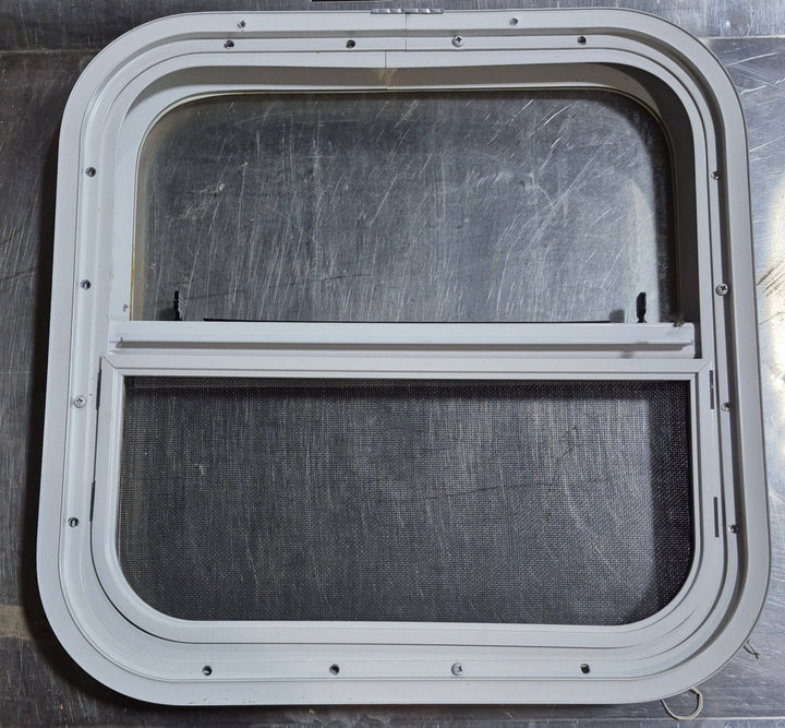 Used White Radius Opening Window : 17 1/2" W x 17 1/2" H x 1 1/8" D - Young Farts RV Parts