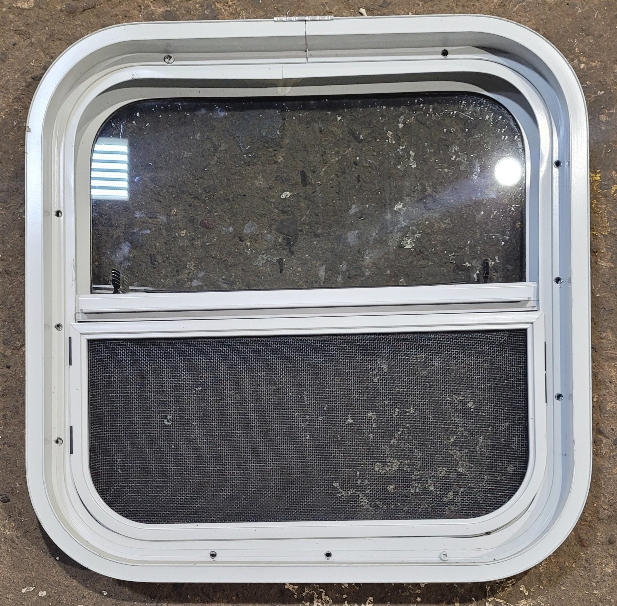 Used White Radius Opening Window : 17 1/2" W x 17 1/2" H x 1 7/8" D - Young Farts RV Parts