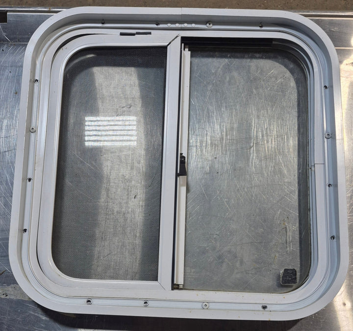 Used White Radius Opening Window : 18 1/4" W x 17 3/4" H x 1 3/4" D - Young Farts RV Parts