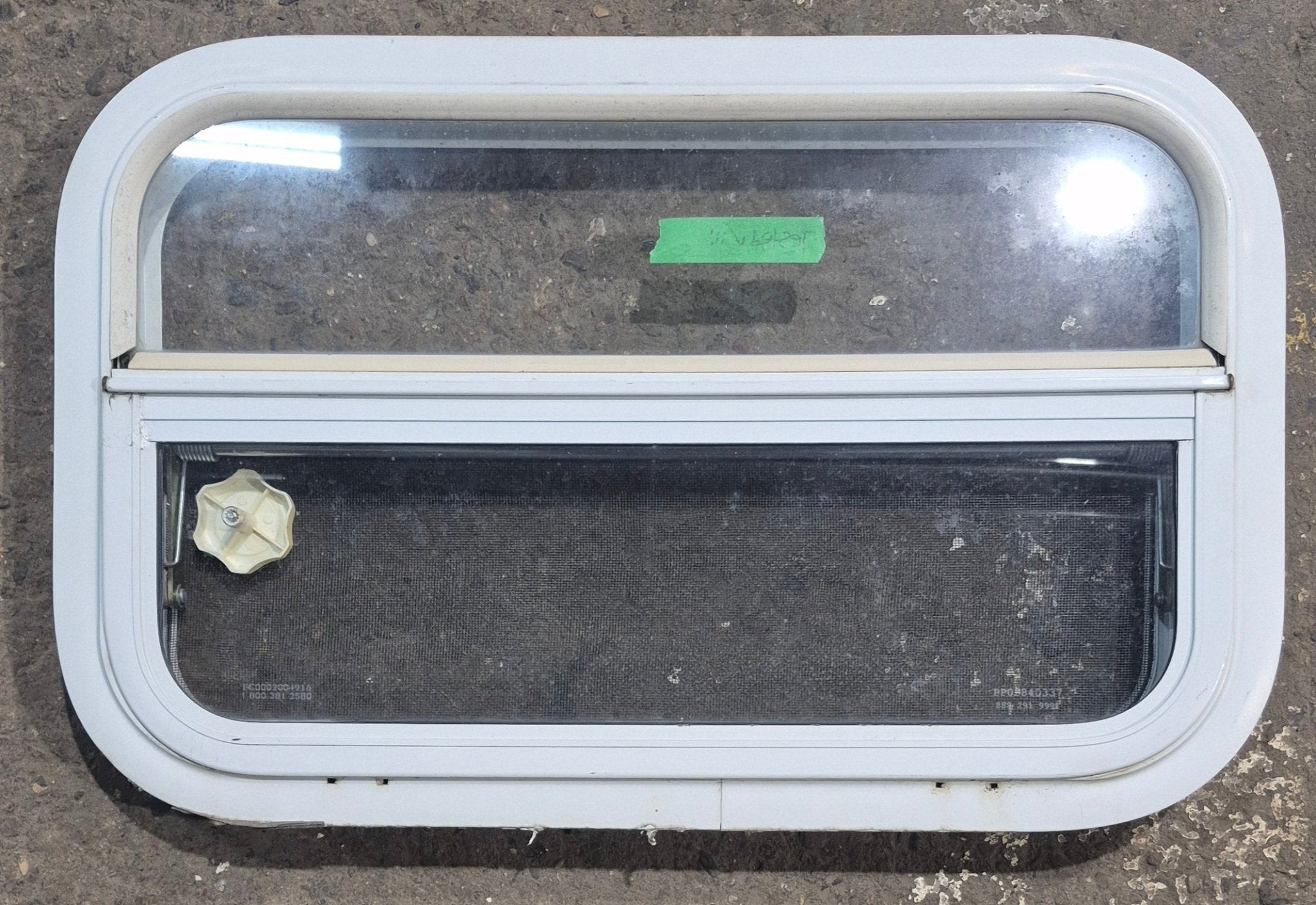 Used White Radius Opening Window : 23 1/2" W x 14 1/4" H x 1 7/8" D - Young Farts RV Parts