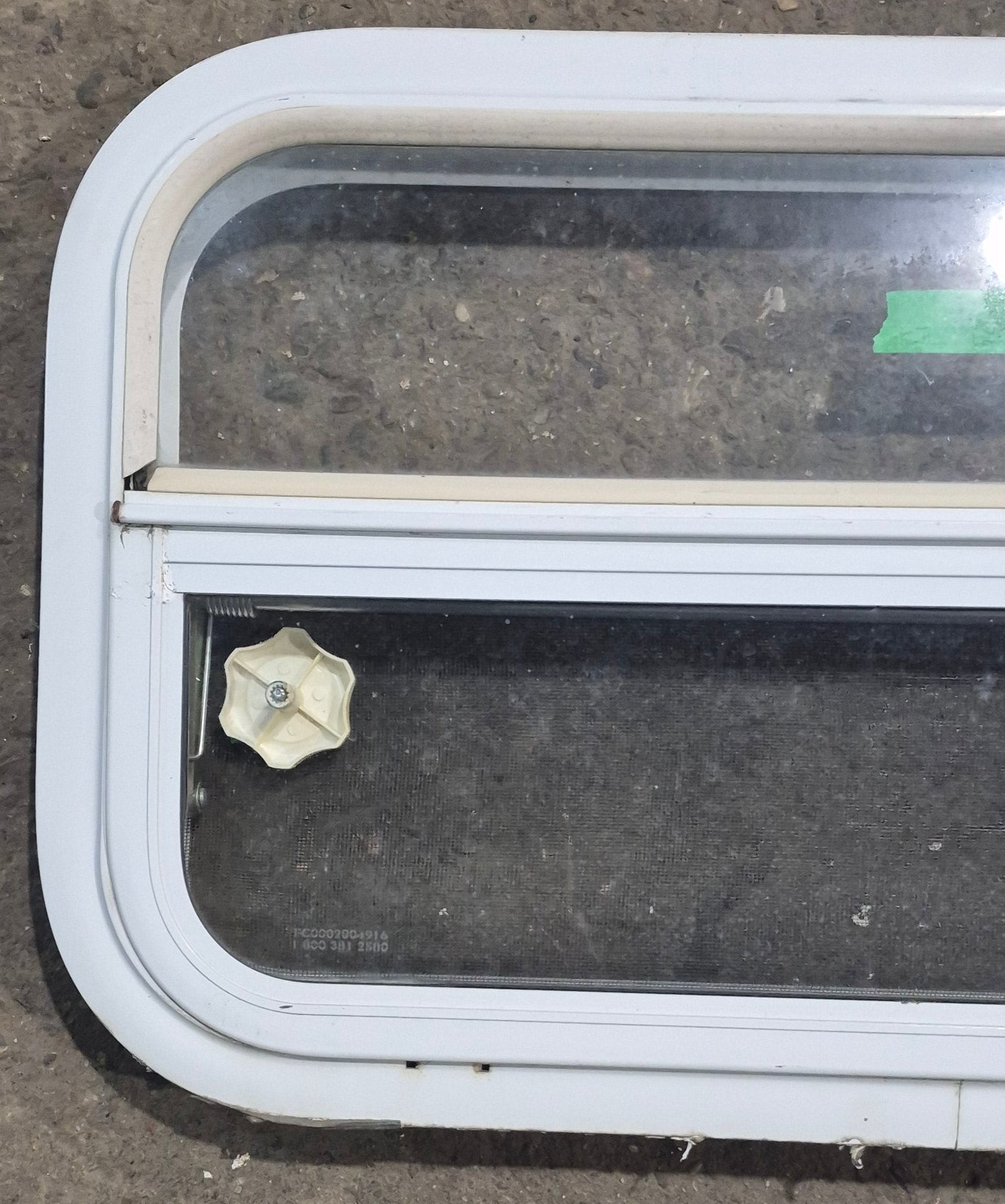 Used White Radius Opening Window : 23 1/2" W x 14 1/4" H x 1 7/8" D - Young Farts RV Parts
