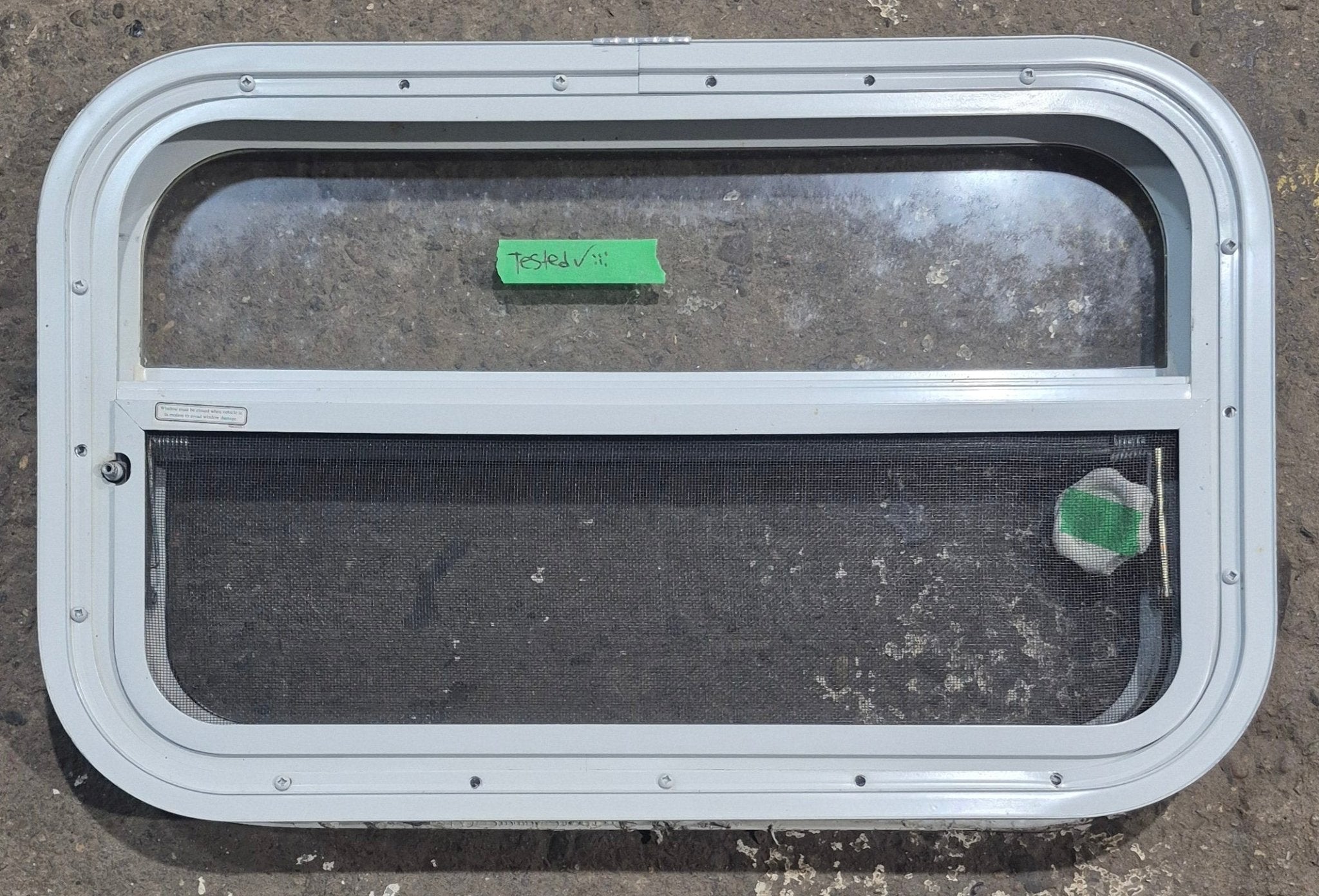 Used White Radius Opening Window : 23 1/2" W x 14 1/4" H x 1 7/8" D - Young Farts RV Parts