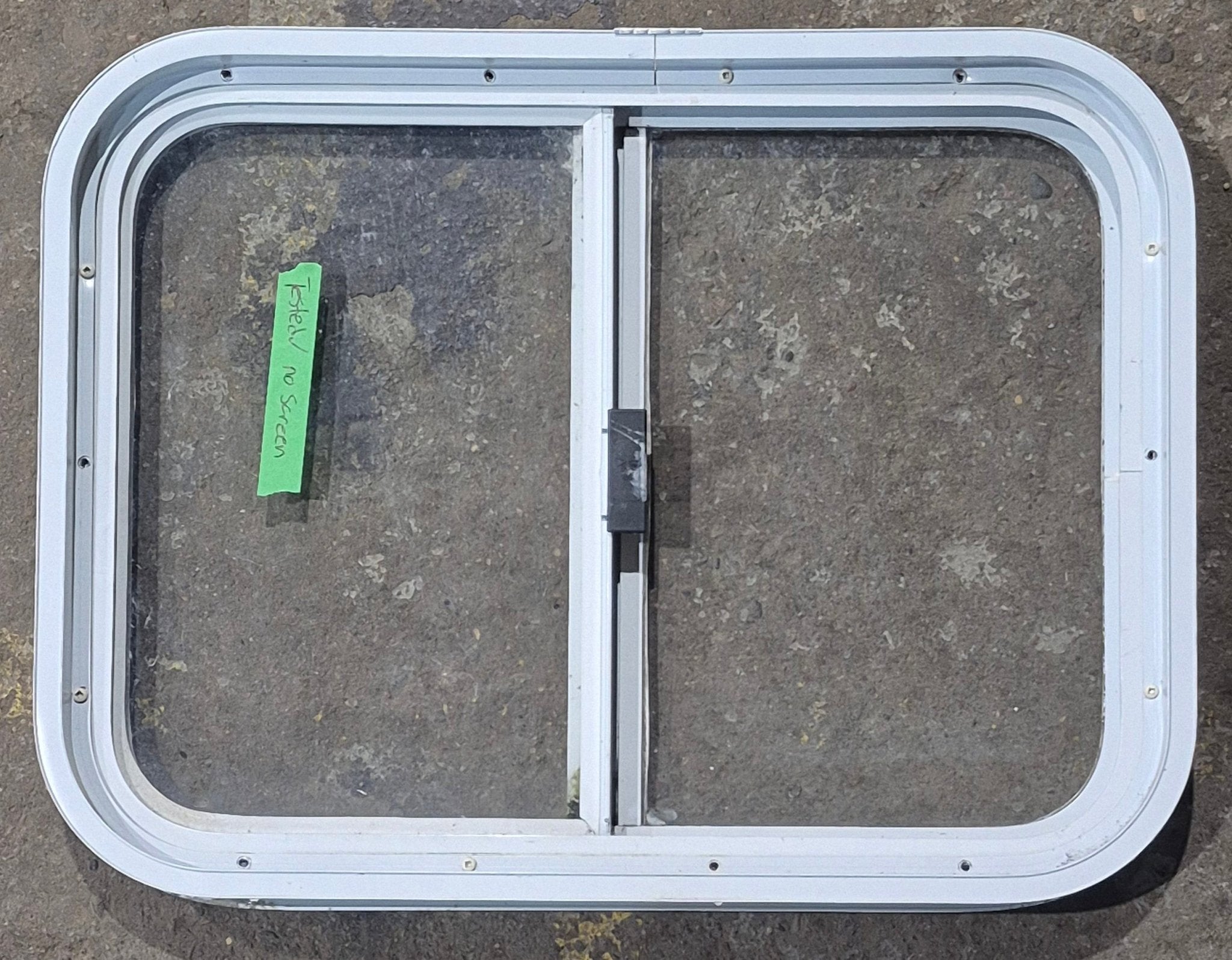 Used White Radius Opening Window : 23 1/2" W x 17 1/2" H x 1 7/8" D - Young Farts RV Parts