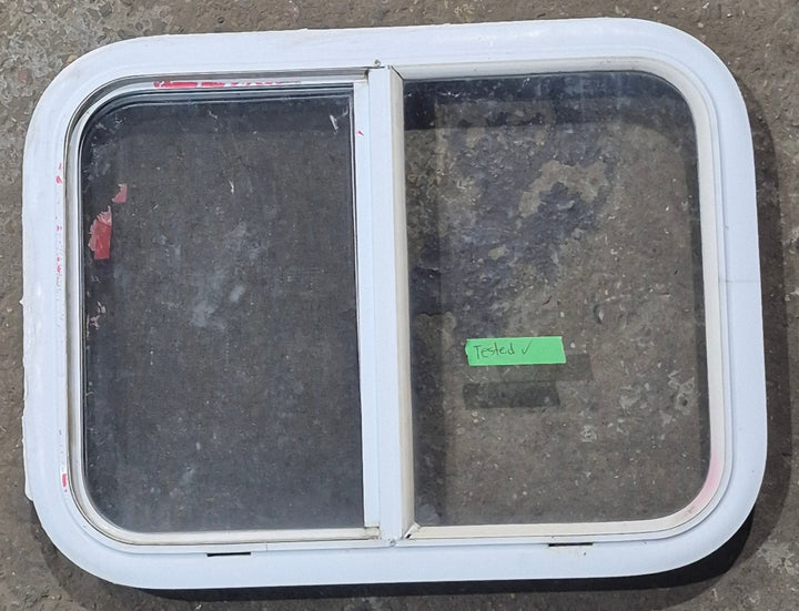 Used White Radius Opening Window : 23 1/2" W x 17 1/2" H x 1 7/8" D - Young Farts RV Parts