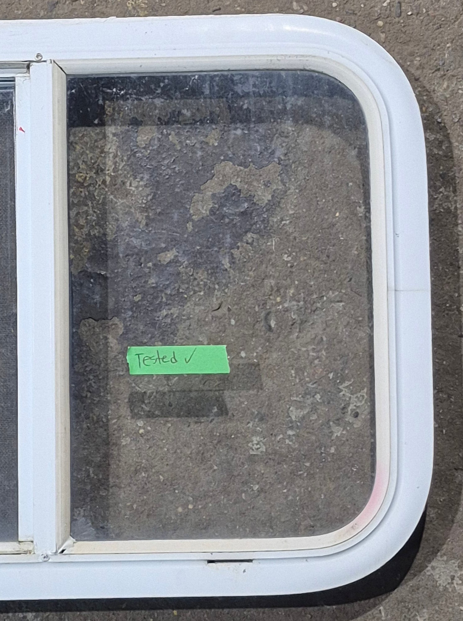 Used White Radius Opening Window : 23 1/2" W x 17 1/2" H x 1 7/8" D - Young Farts RV Parts