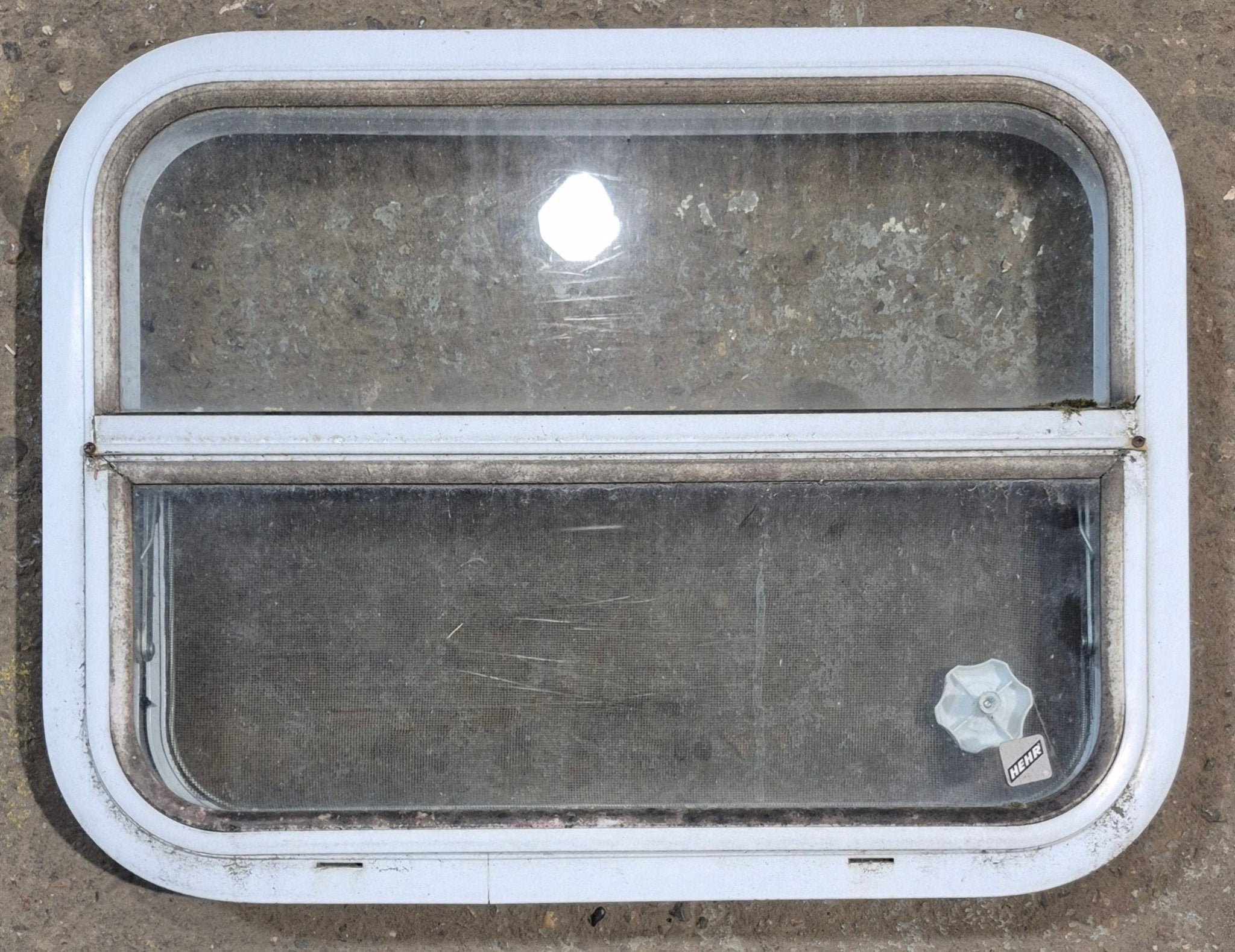 Used White Radius Opening Window : 23 1/2" W x 17 1/2" H x 1 7/8" D - Young Farts RV Parts