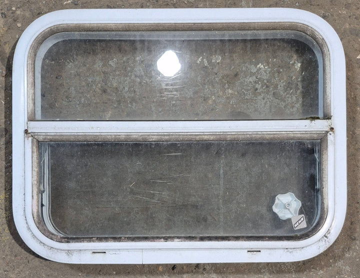 Used White Radius Opening Window : 23 1/2" W x 17 1/2" H x 1 7/8" D - Young Farts RV Parts