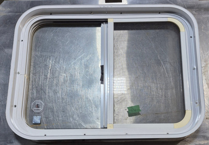 Used White Radius Opening Window : 23 1/2" W x 17 1/2" H x 1 7/8" D - Young Farts RV Parts