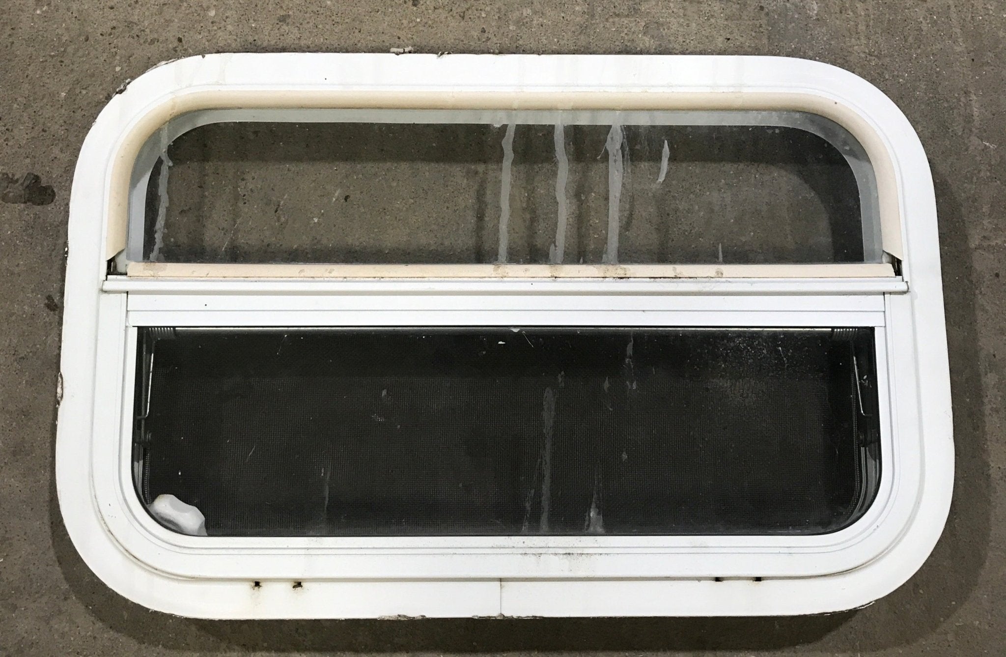 Used White Radius Opening Window : 23 1/4" W X 14 1/2" H X 1 1/2" D - Young Farts RV Parts