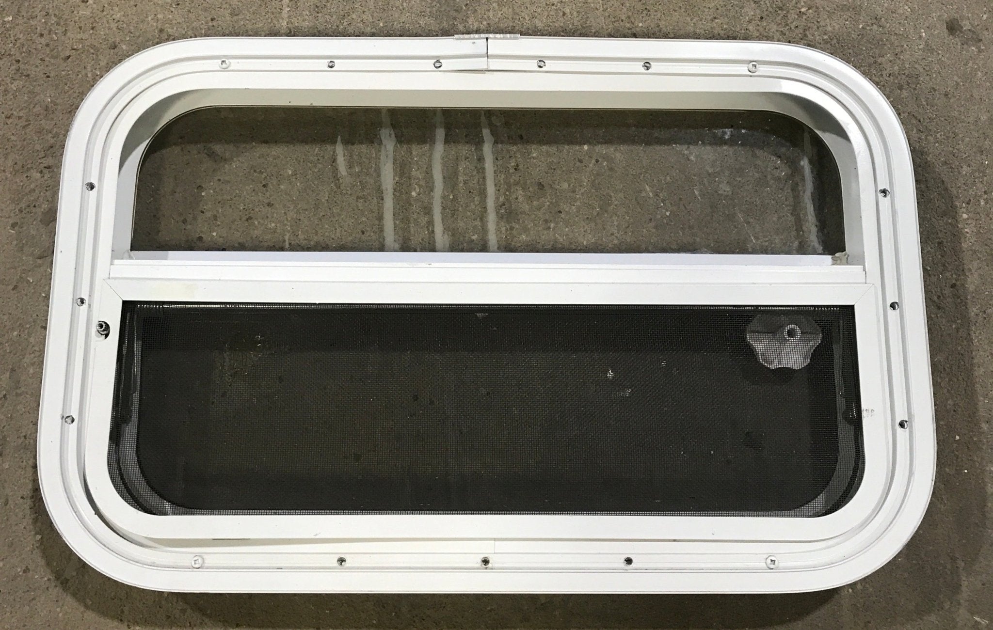 Used White Radius Opening Window : 23 1/4" W X 14 1/2" H X 1 1/2" D - Young Farts RV Parts