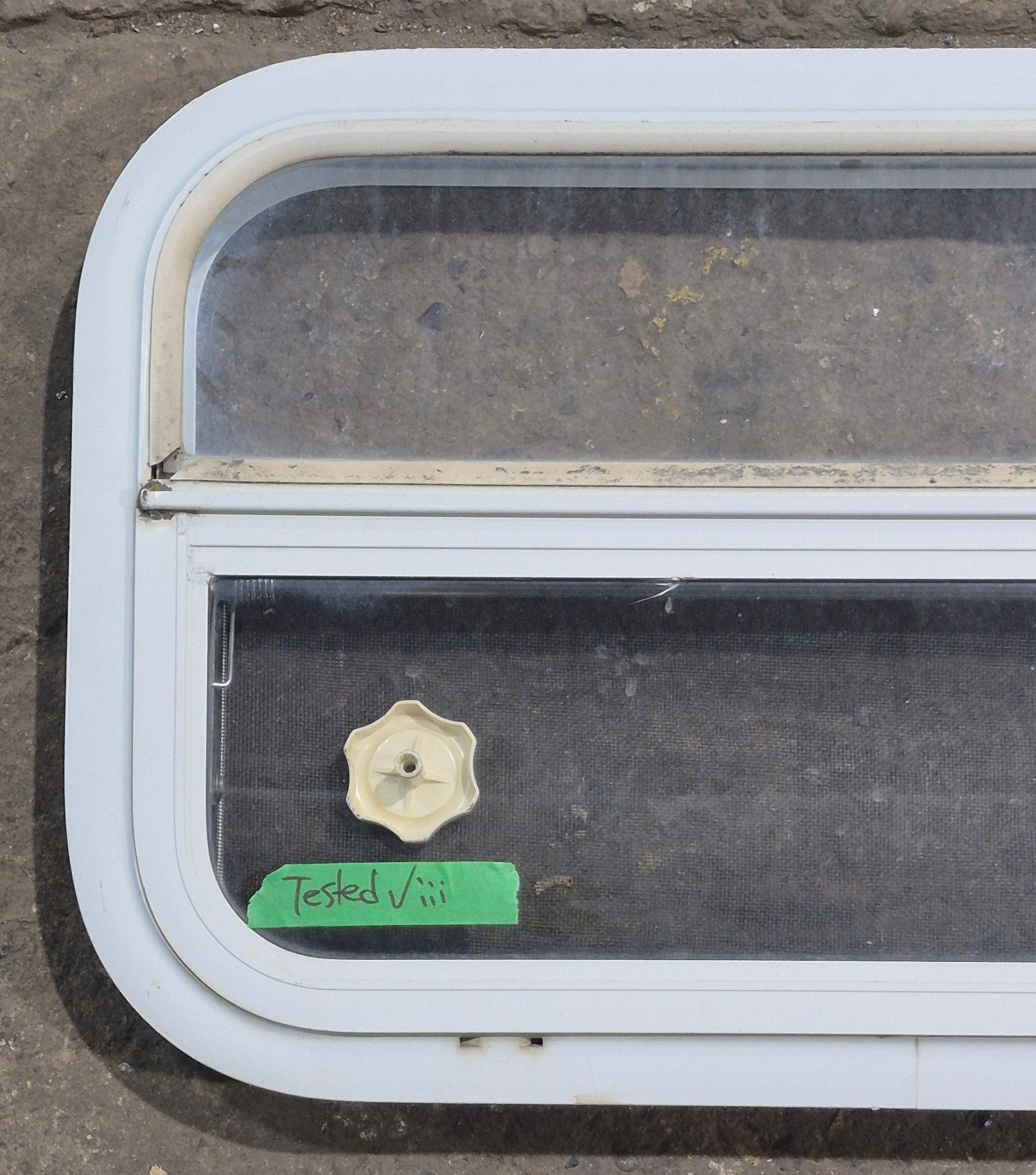 Used White Radius Opening Window : 23 1/4" W x 14 1/2" H x 1 7/8" D - Young Farts RV Parts