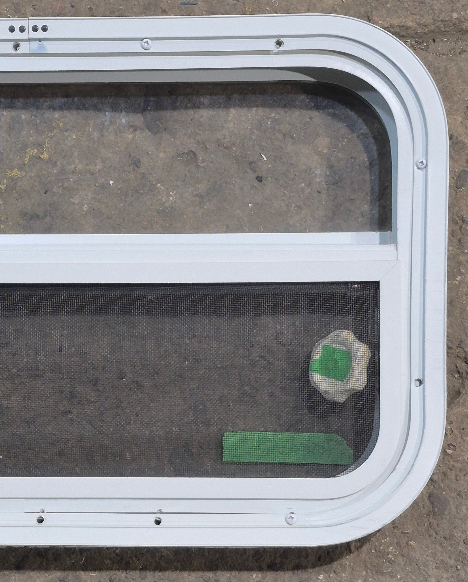 Used White Radius Opening Window : 23 1/4" W x 14 1/2" H x 1 7/8" D - Young Farts RV Parts