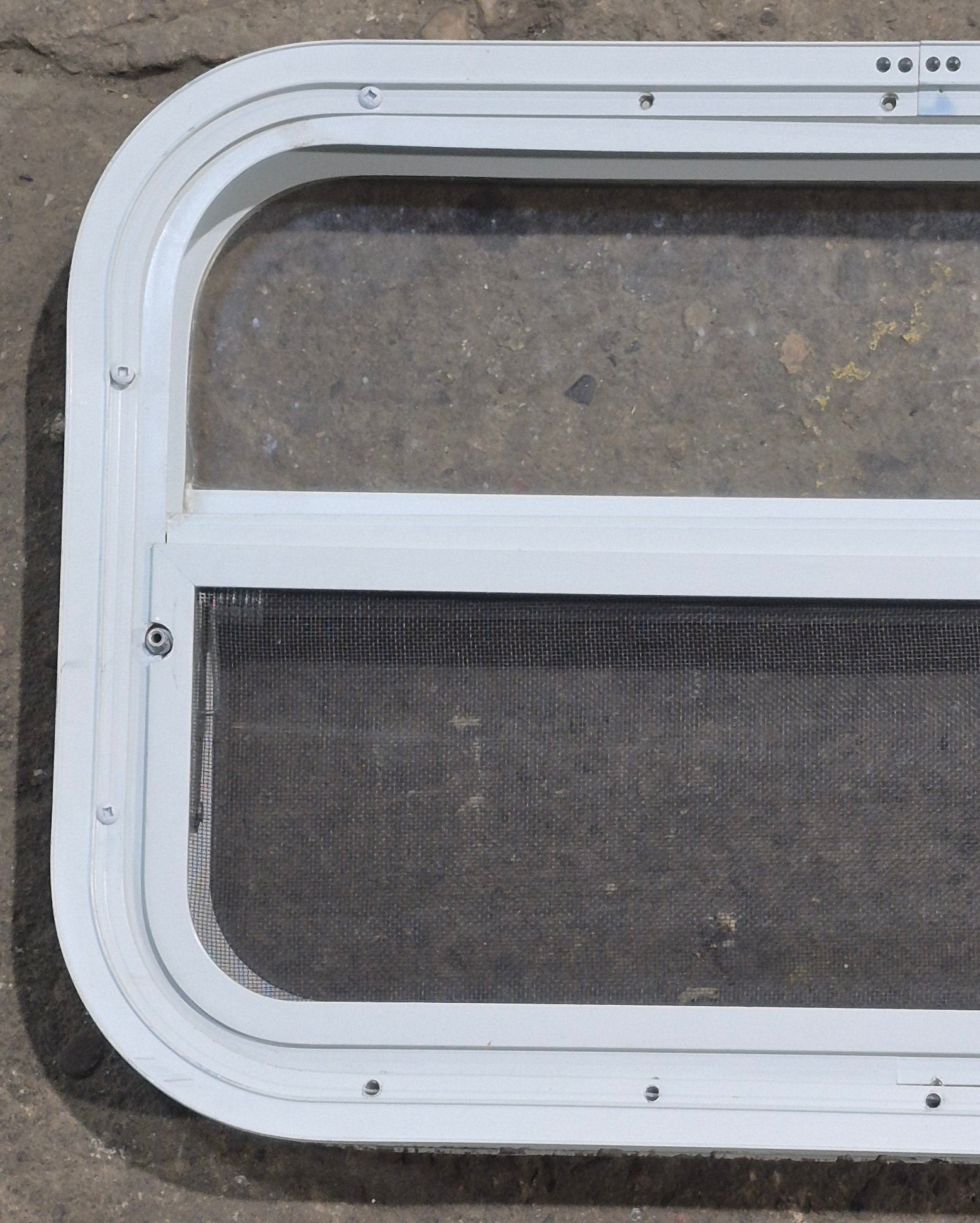 Used White Radius Opening Window : 23 1/4" W x 14 1/2" H x 1 7/8" D - Young Farts RV Parts