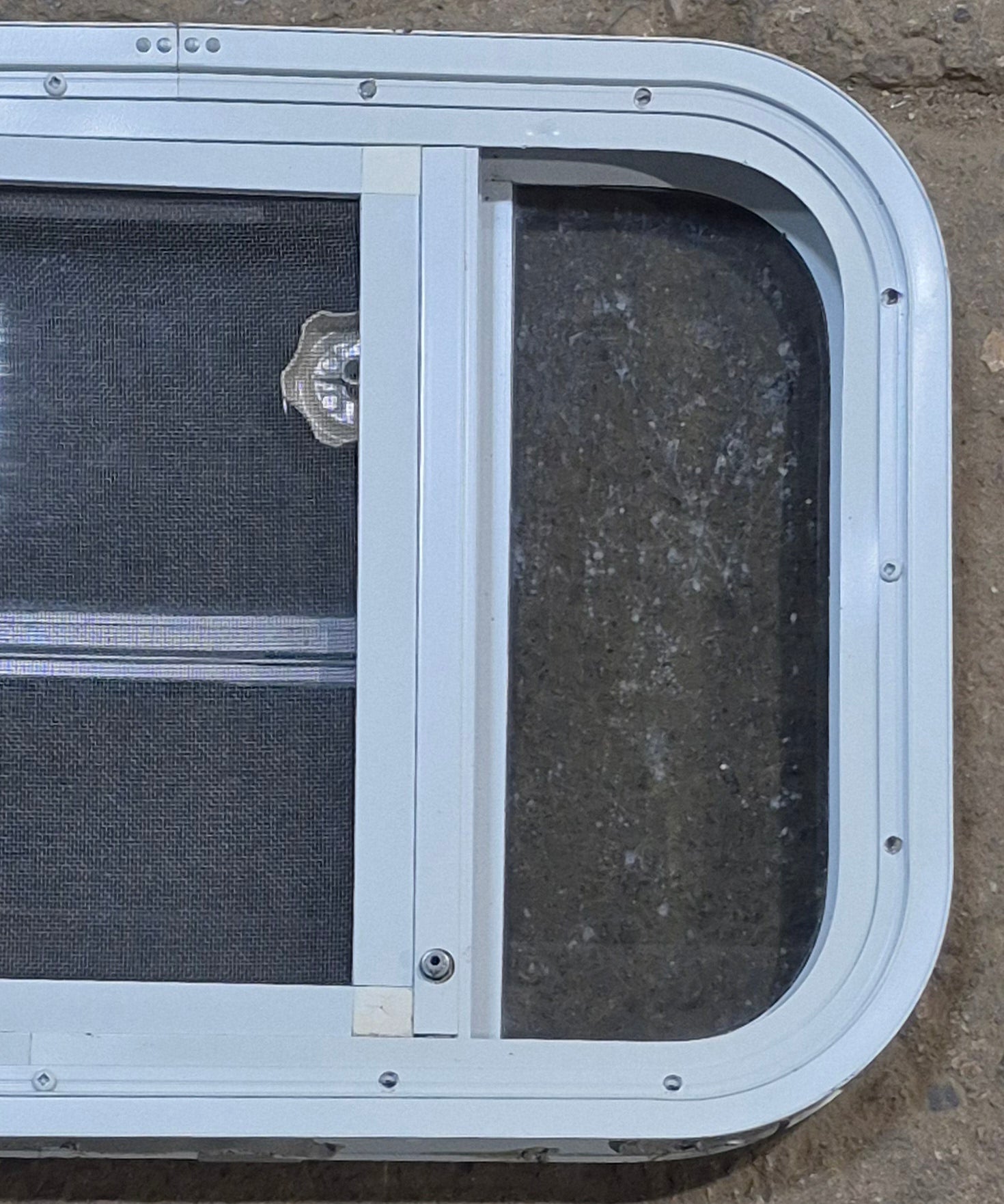 Used White Radius Opening Window : 23 1/4" W x 14 1/2" H x 1 7/8" D - Young Farts RV Parts