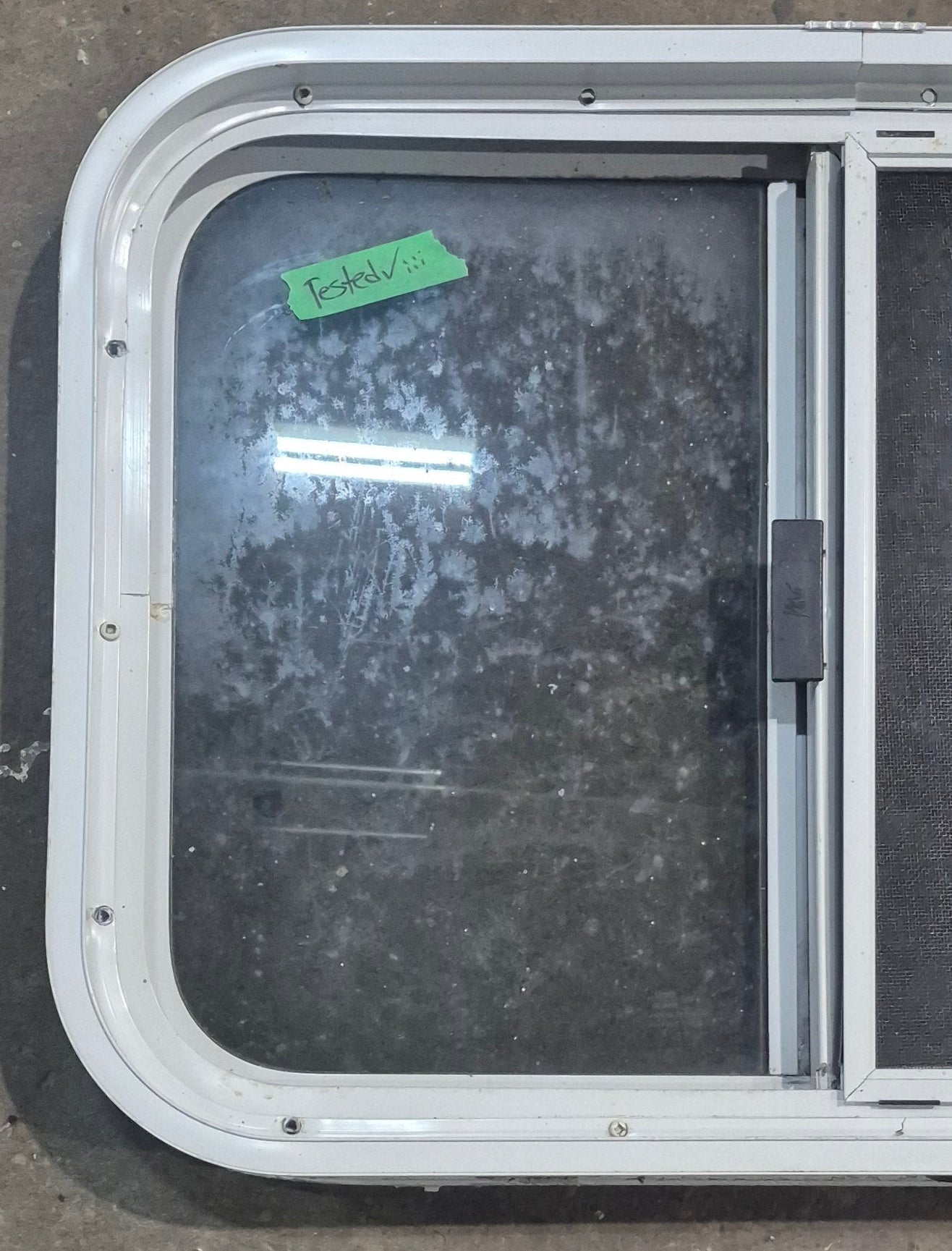 Used White Radius Opening Window : 23 1/4" W x 17 1/2" H x 1 7/8" D - Young Farts RV Parts