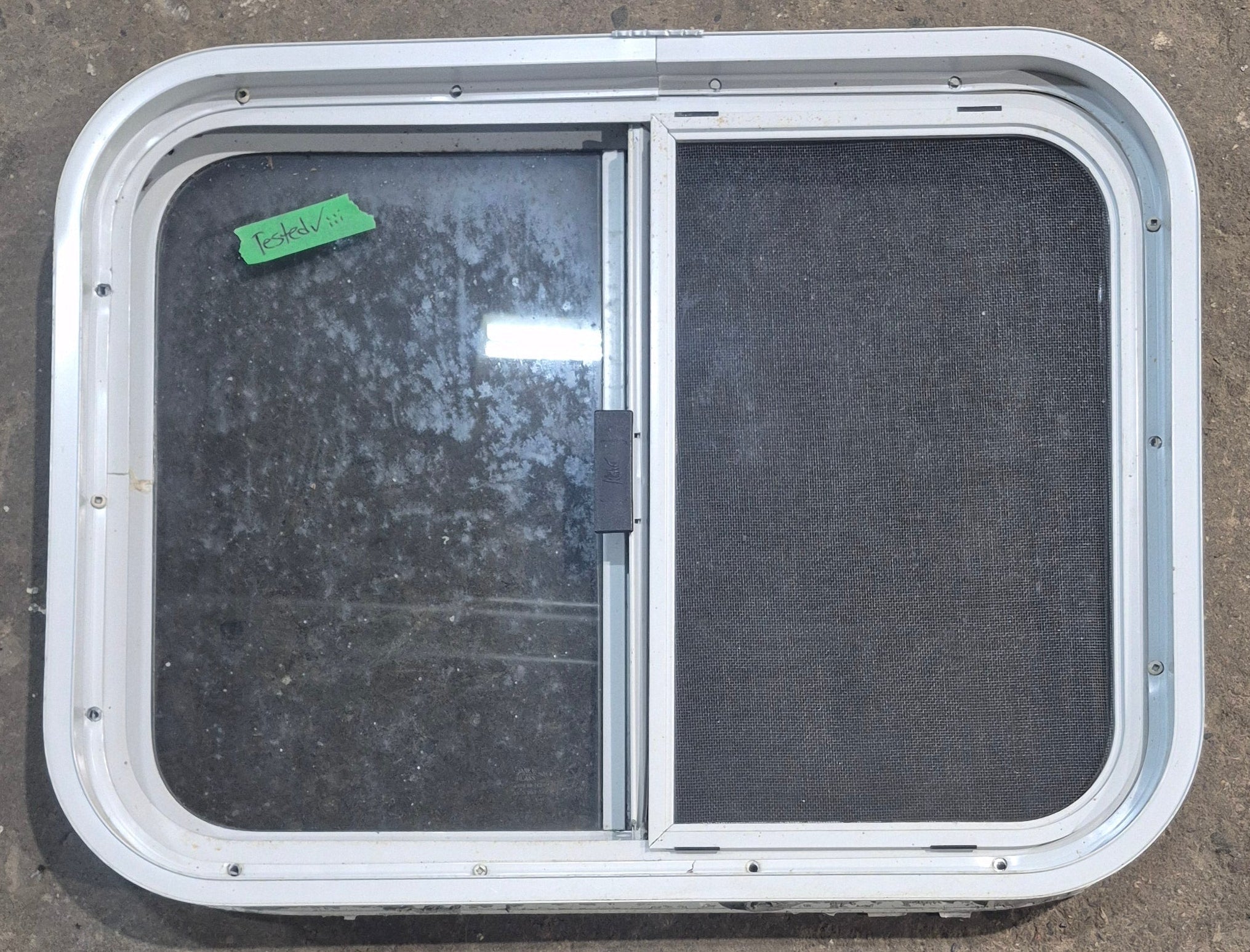Used White Radius Opening Window : 23 1/4" W x 17 1/2" H x 1 7/8" D - Young Farts RV Parts