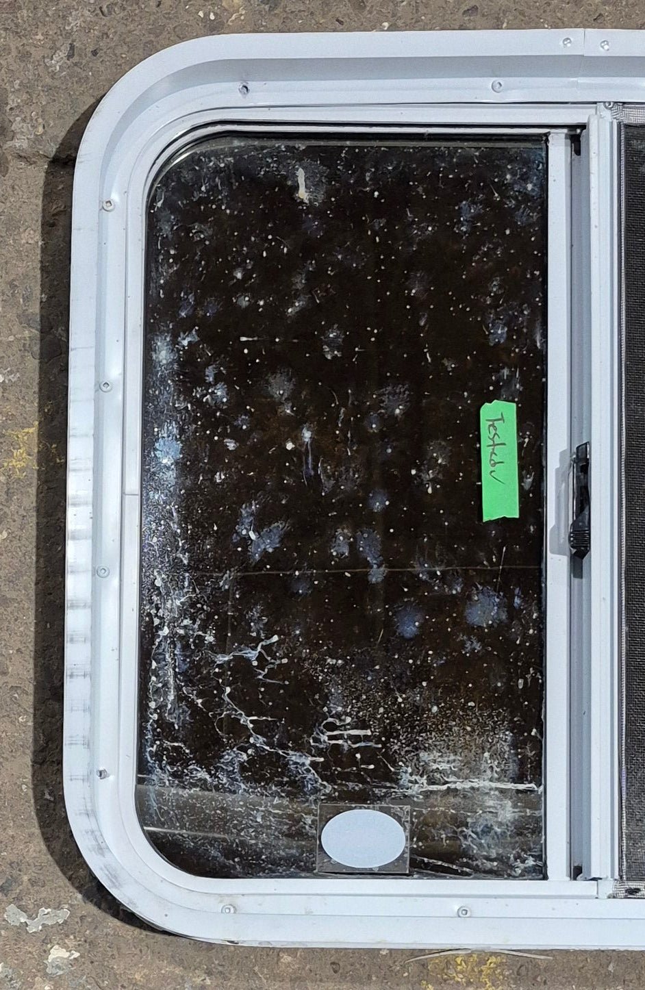 Used White Radius Opening Window : 24 1/4" W x 21 3/4" H x 1 7/8" D - Young Farts RV Parts