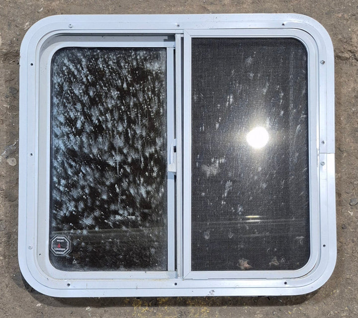 Used White Radius Opening Window : 24" W x 21 1/2" H x 1 7/8" D - Young Farts RV Parts
