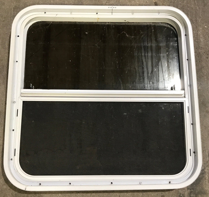 Used White Radius Opening Window : 25 1/2" W x 25 1/2" H x 1 7/8" D - Young Farts RV Parts