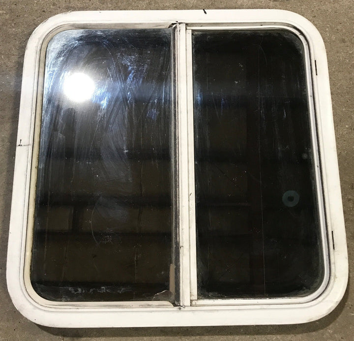 Used White Radius Opening Window : 25 1/2" W x 25 1/2" H x 1 7/8" D - Young Farts RV Parts