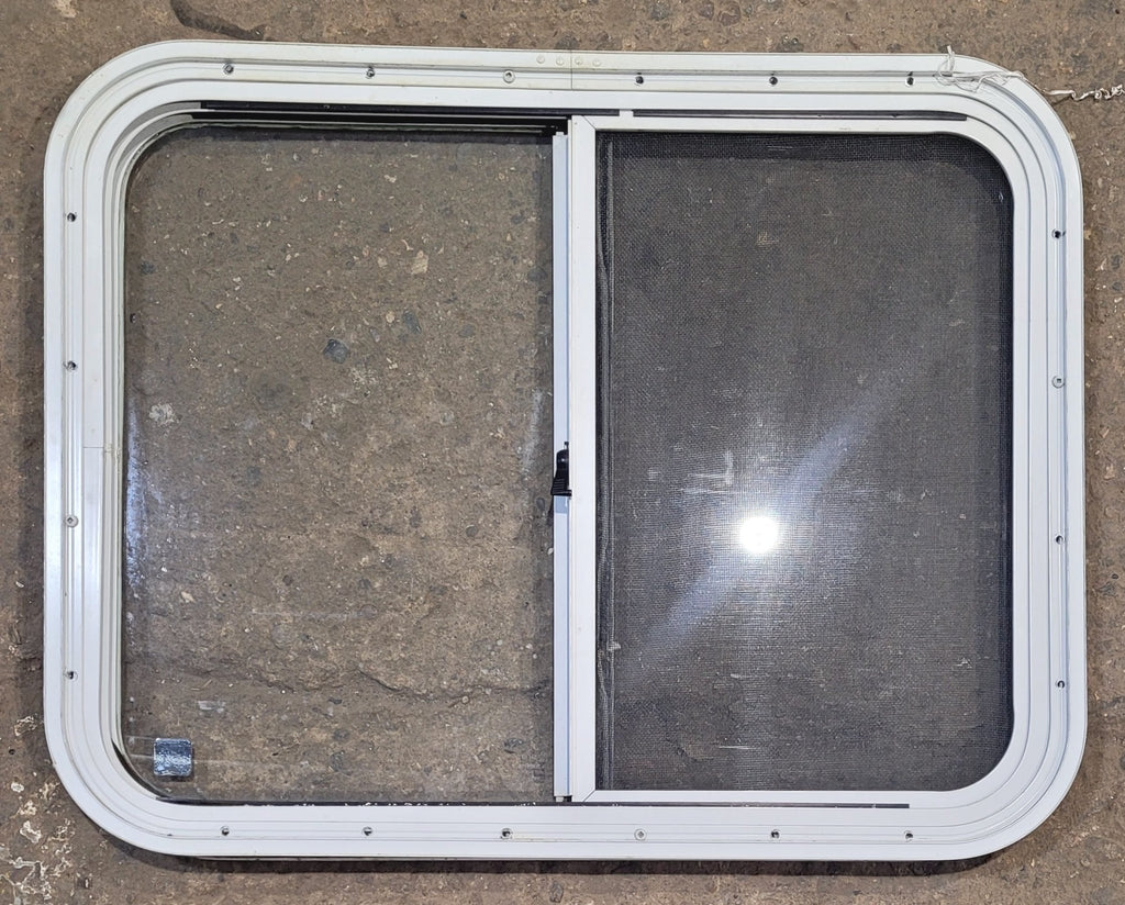 Used White Radius Opening Window : 26 1/2" W x 20 1/2" H x 1 1/4" D - Young Farts RV Parts