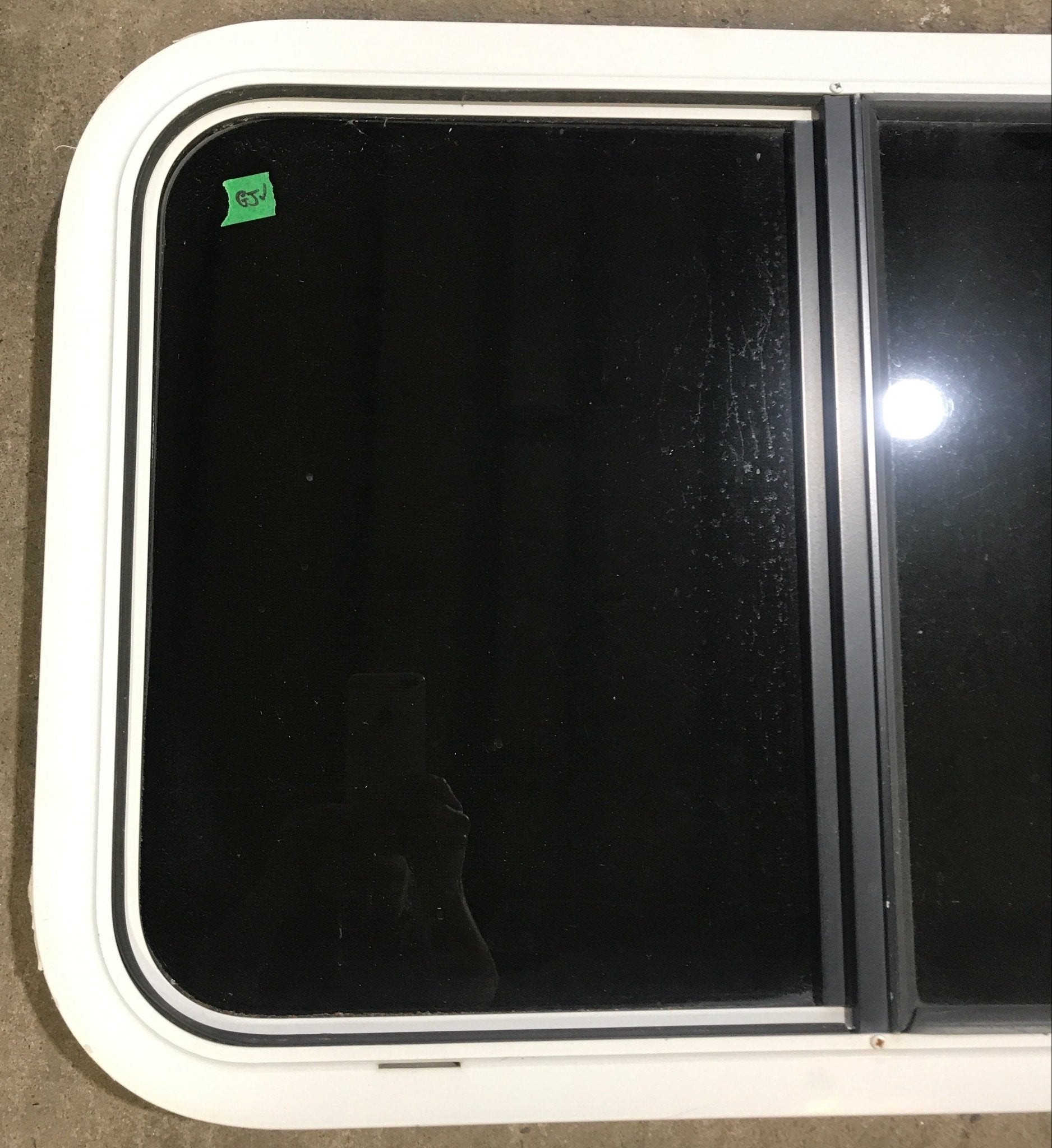 Used White Radius Opening Window : 29 1/2" W x 19 1/2" H x 1 7/8" D - Young Farts RV Parts