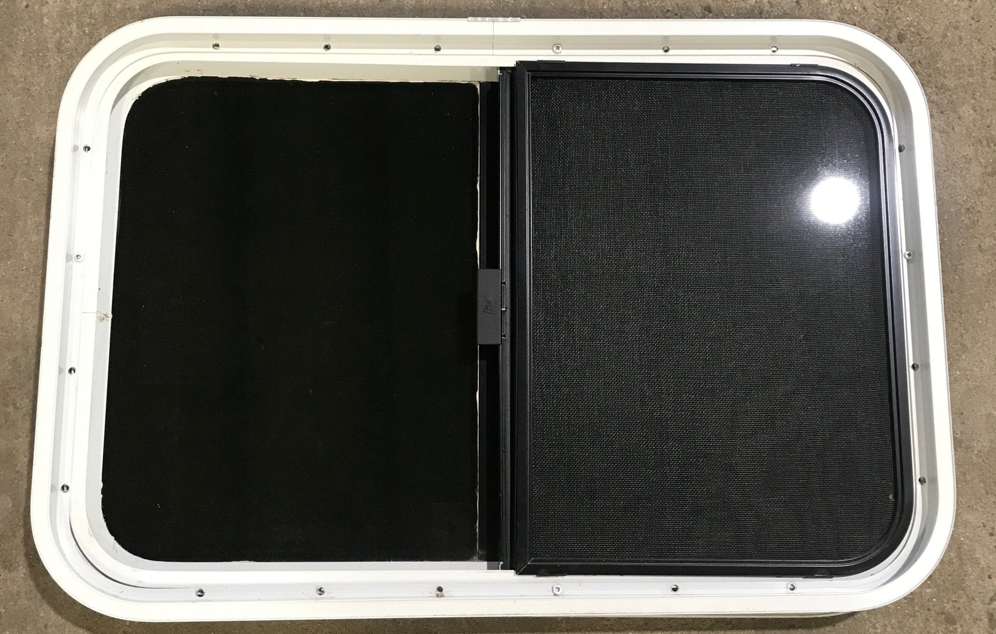 Used White Radius Opening Window : 29 1/2" W x 19 1/2" H x 1 7/8" D - Young Farts RV Parts