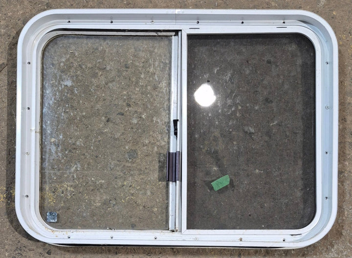 Used White Radius Opening Window : 29 1/2" W x 21 1/2" H x 2" D - Young Farts RV Parts