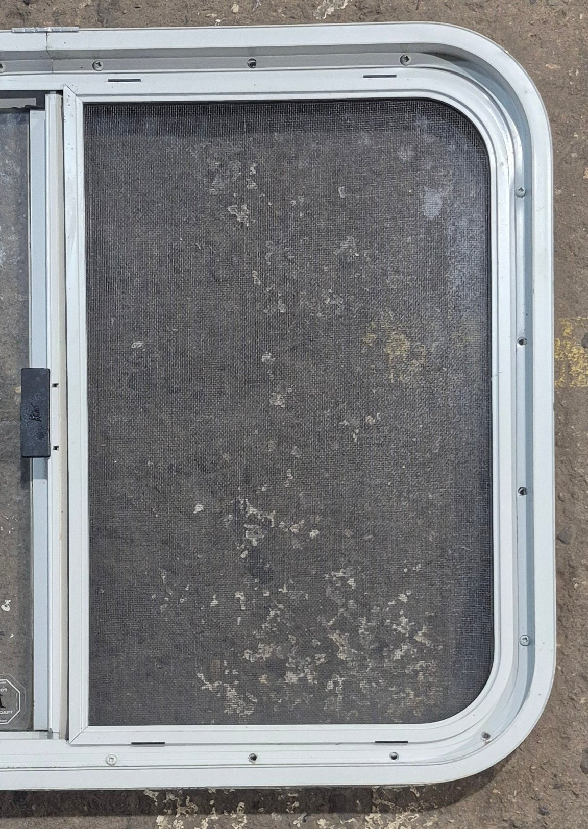 Used White Radius Opening Window : 29 1/2" W x 21 1/4" H x 1 3/4" D - Young Farts RV Parts