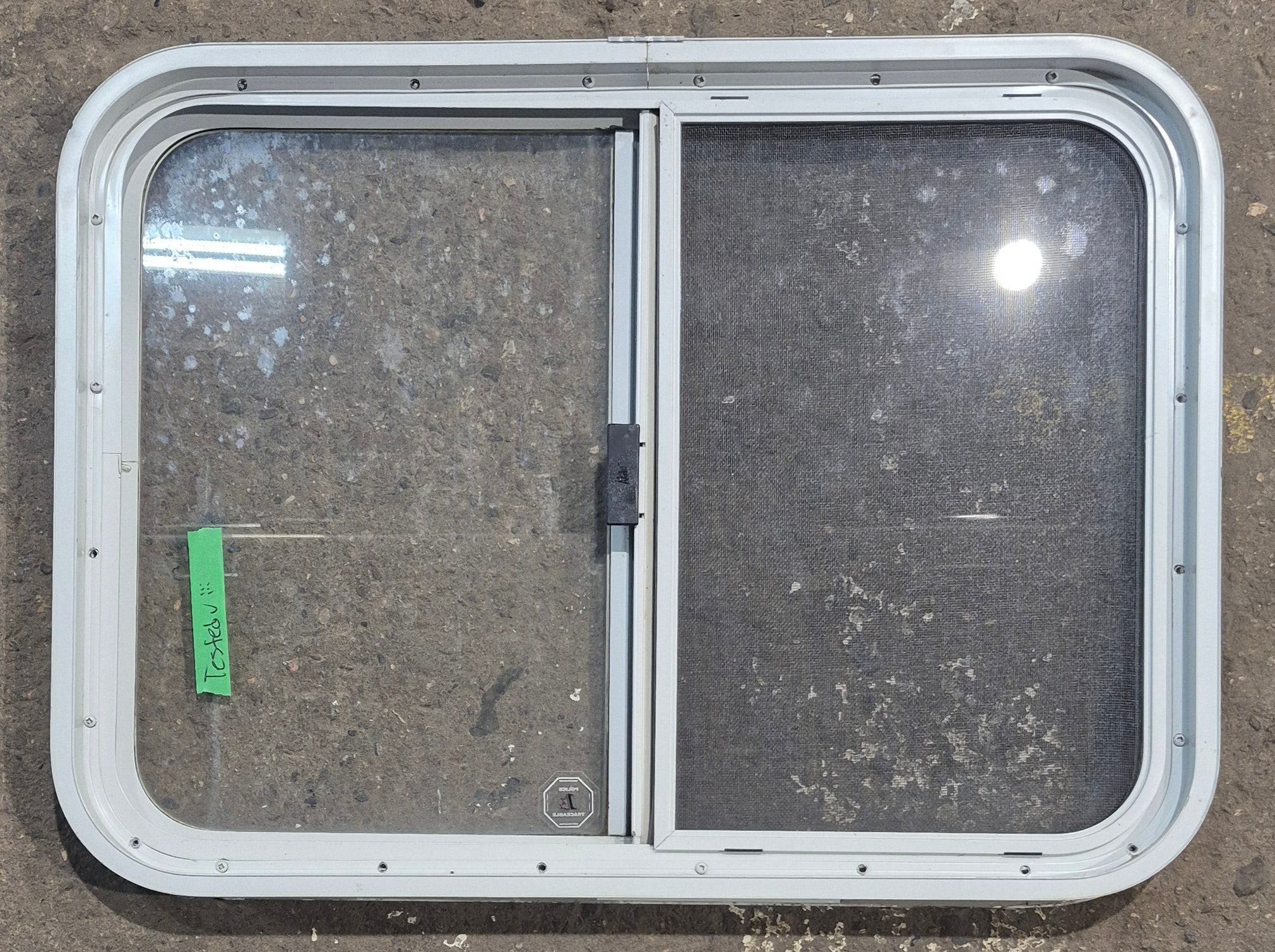 Used White Radius Opening Window : 29 1/2" W x 21 1/4" H x 1 3/4" D - Young Farts RV Parts