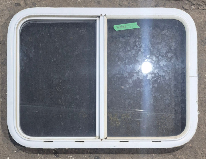 Used White Radius Opening Window : 29 1/2" W x 21 1/4" H x 1 7/8" D - Young Farts RV Parts