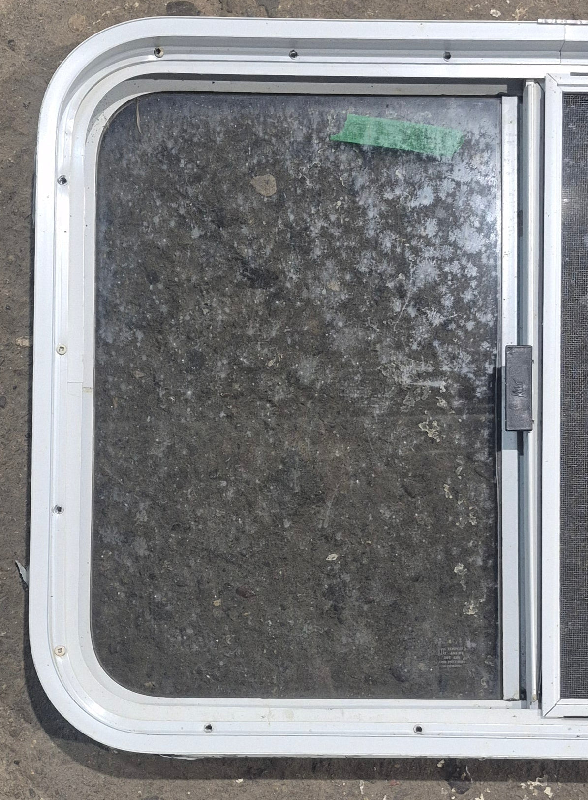Used White Radius Opening Window : 29 1/2" W x 21 1/4" H x 1 7/8" D - Young Farts RV Parts