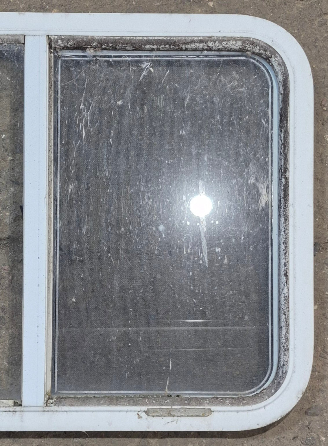 Used White Radius Opening Window : 29 1/4" W x 21 1/2" H x 1 1/4" D - Young Farts RV Parts