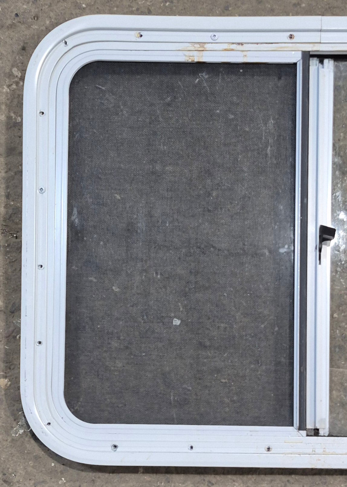 Used White Radius Opening Window : 29 1/4" W x 21 1/2" H x 1 1/4" D - Young Farts RV Parts