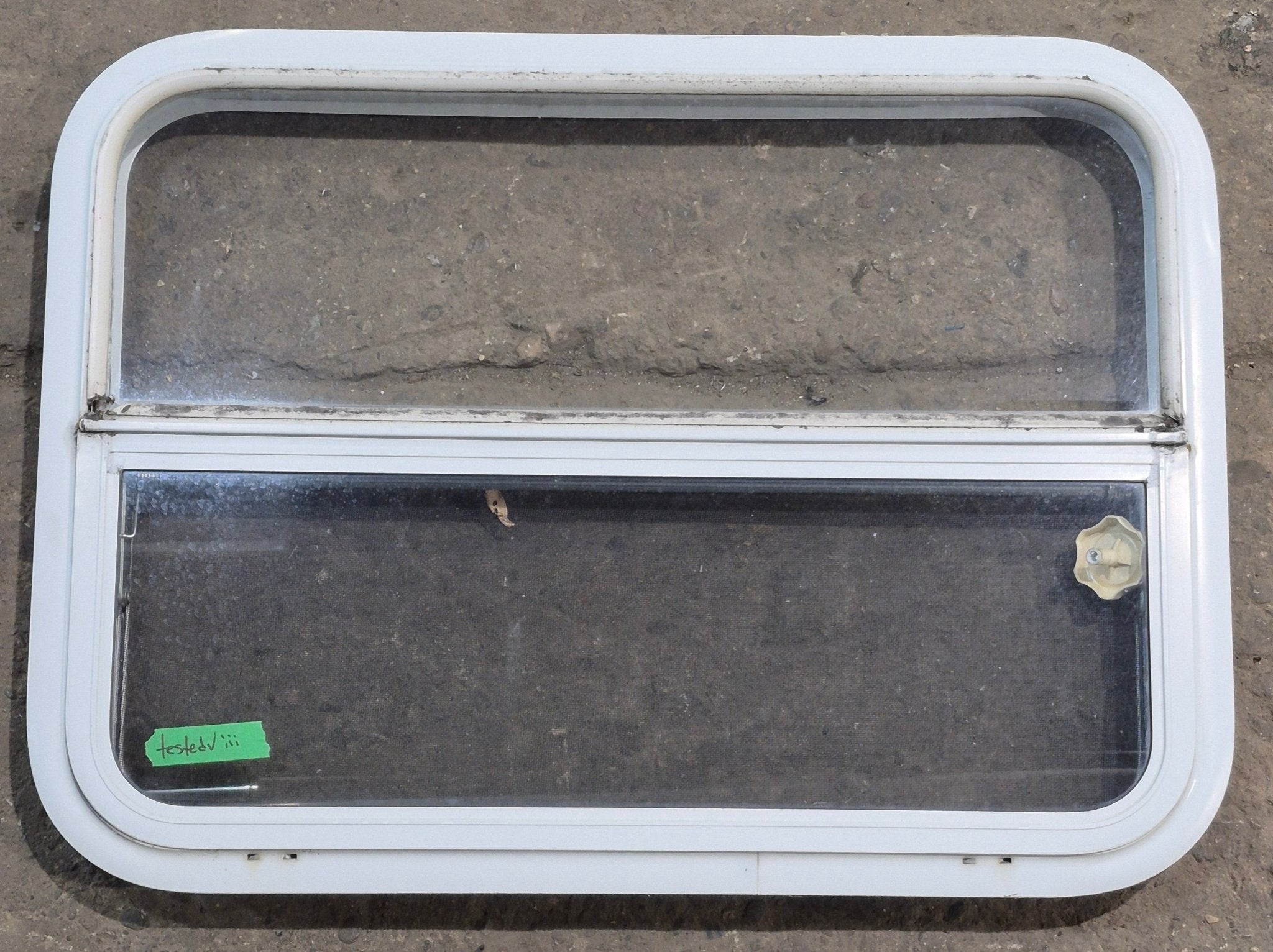 Used White Radius Opening Window : 29 1/4" W x 21 1/4" H x 1 3/4" D - Young Farts RV Parts