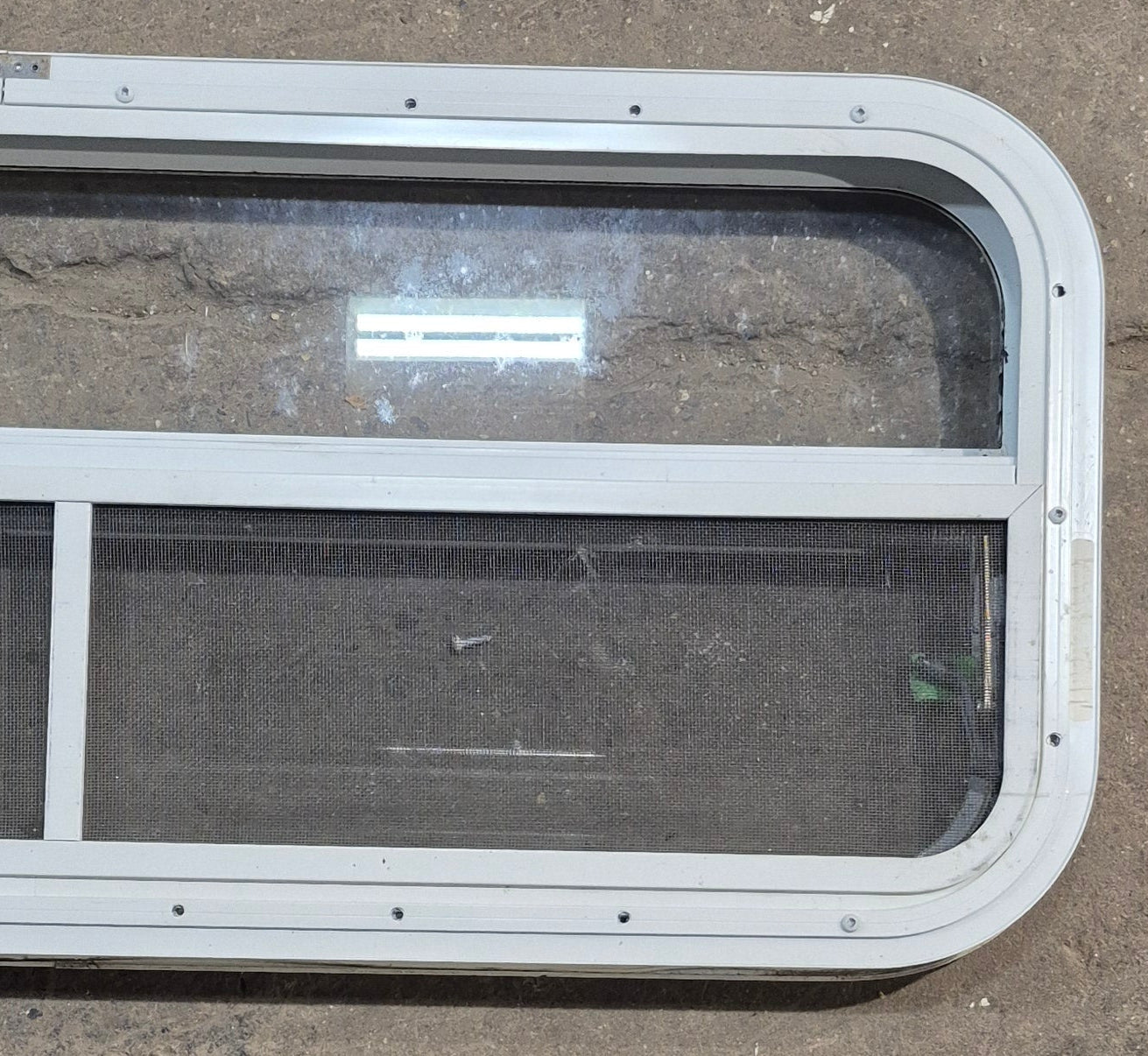 Used White Radius Opening Window : 35 1/2" W x 14 1/2" H x 1 1/2" D - Young Farts RV Parts