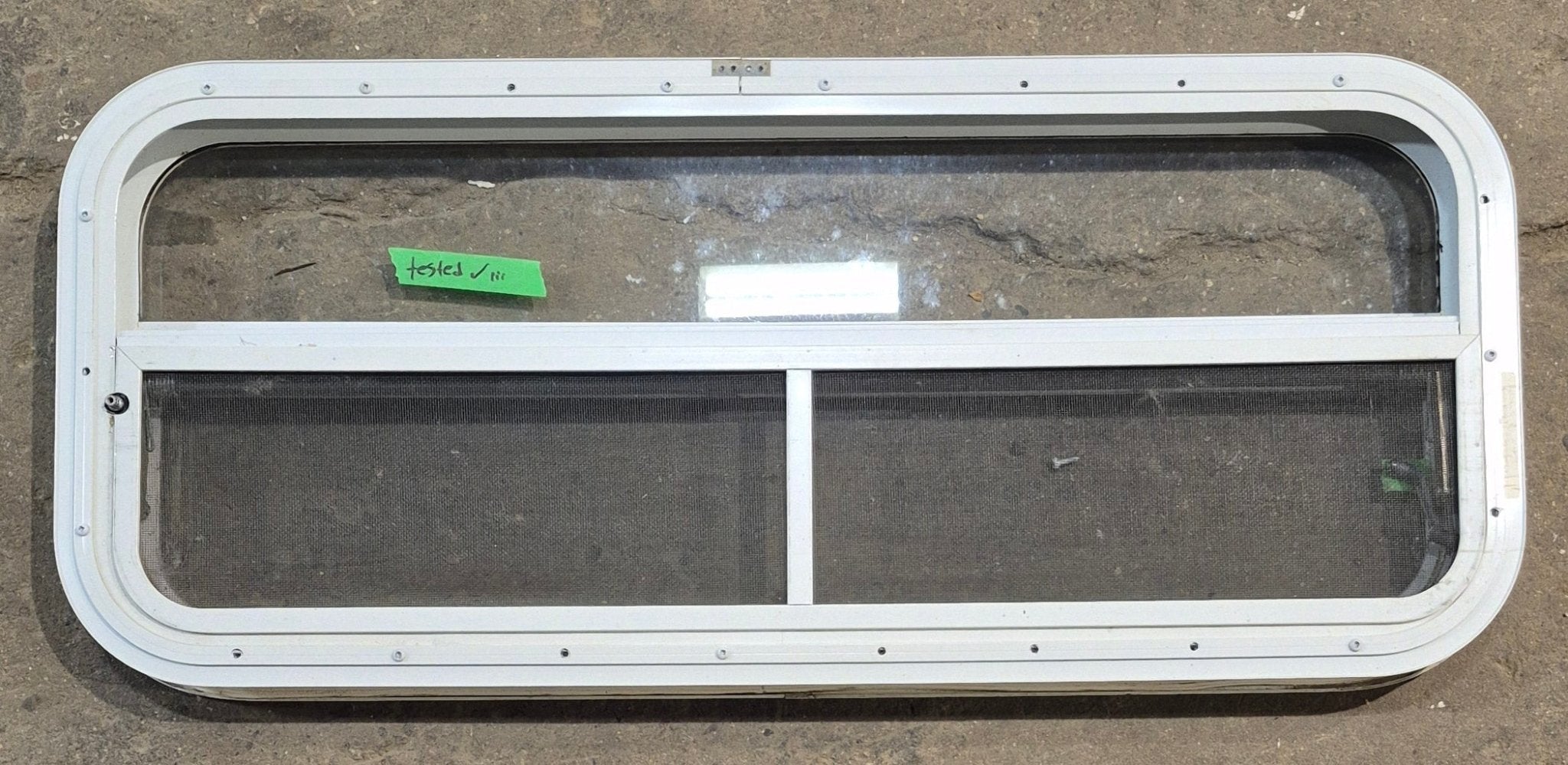 Used White Radius Opening Window : 35 1/2" W x 14 1/2" H x 1 1/2" D - Young Farts RV Parts