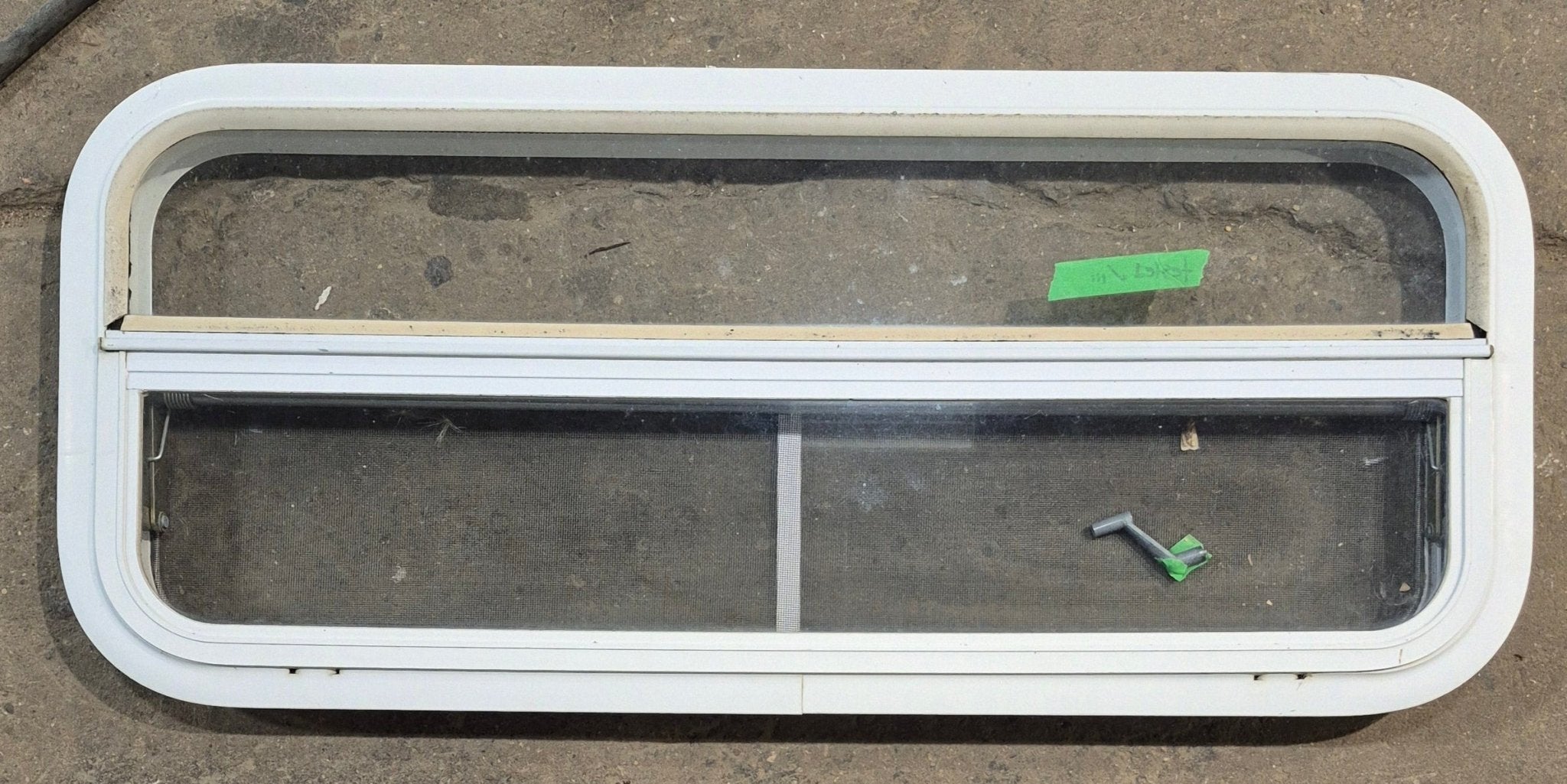Used White Radius Opening Window : 35 1/2" W x 14 1/2" H x 1 1/2" D - Young Farts RV Parts
