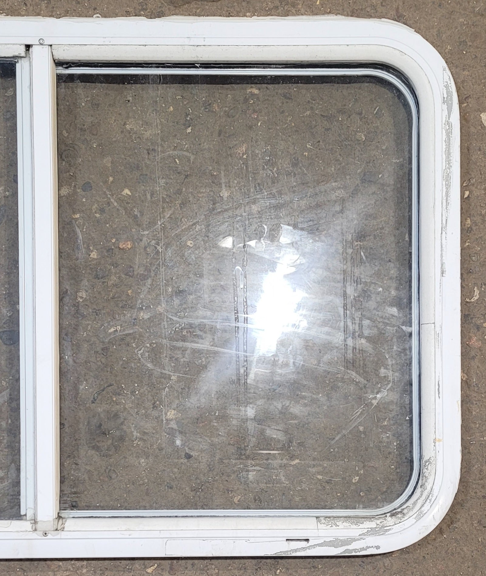 Used White Radius Opening Window : 35 1/2" W x 21 1/2" H x 1 1/4" D - Young Farts RV Parts