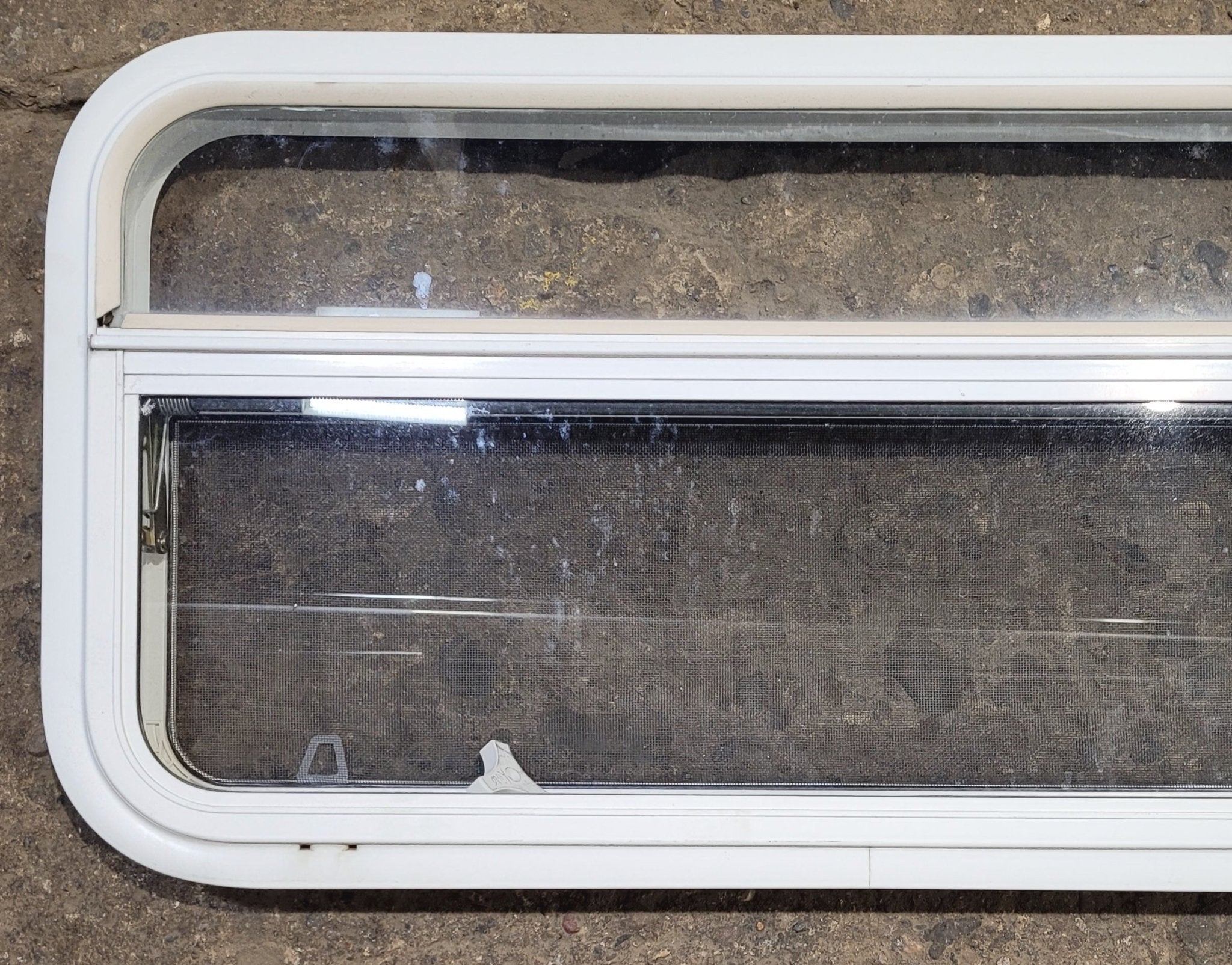 Used White Radius Opening Window : 41 1/4" W x 17 1/4" H x 1 3/4" D - Young Farts RV Parts