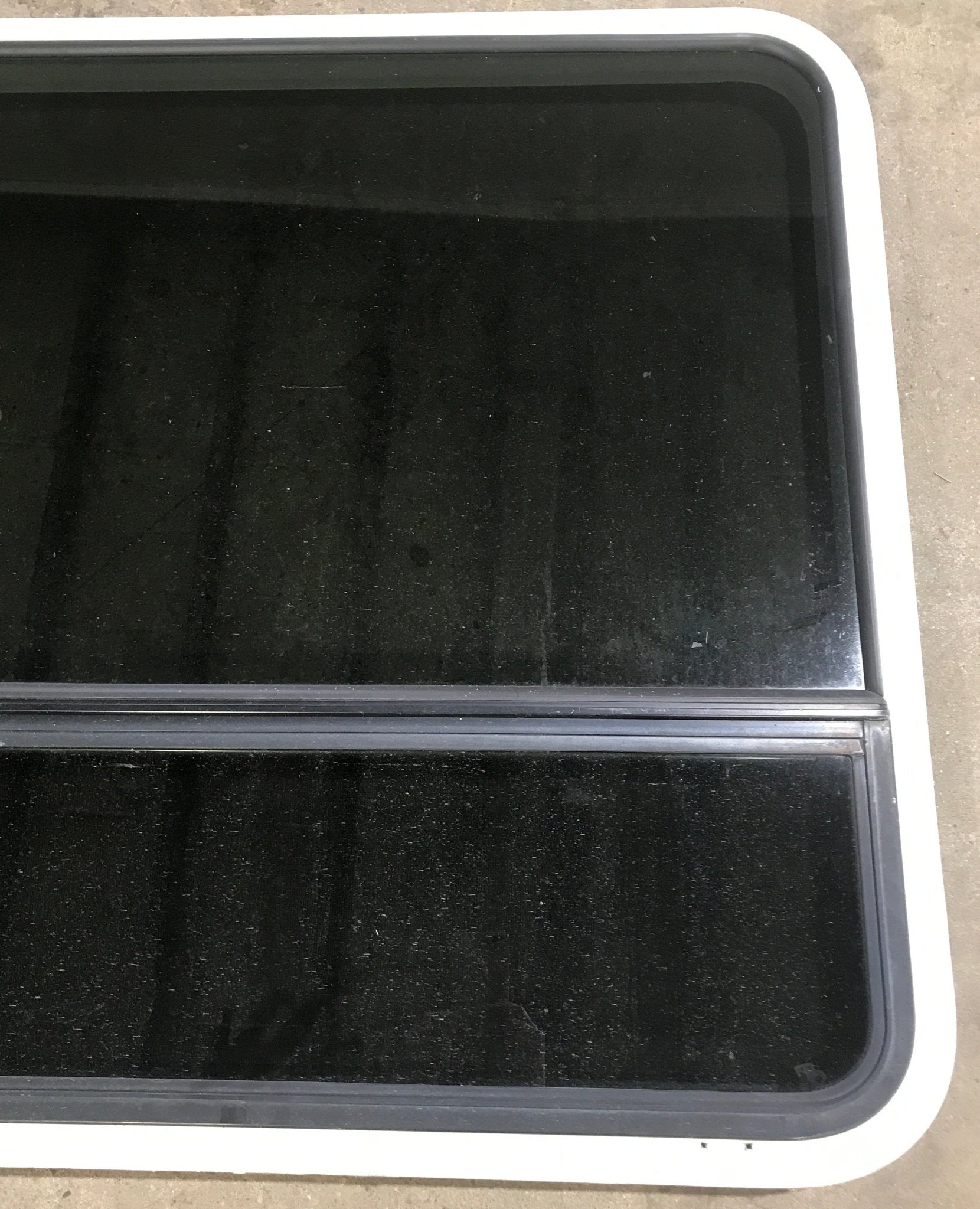 Used White Radius Opening Window : 43 1/2" W x 34 1/2" H x 1 7/8" D - Young Farts RV Parts