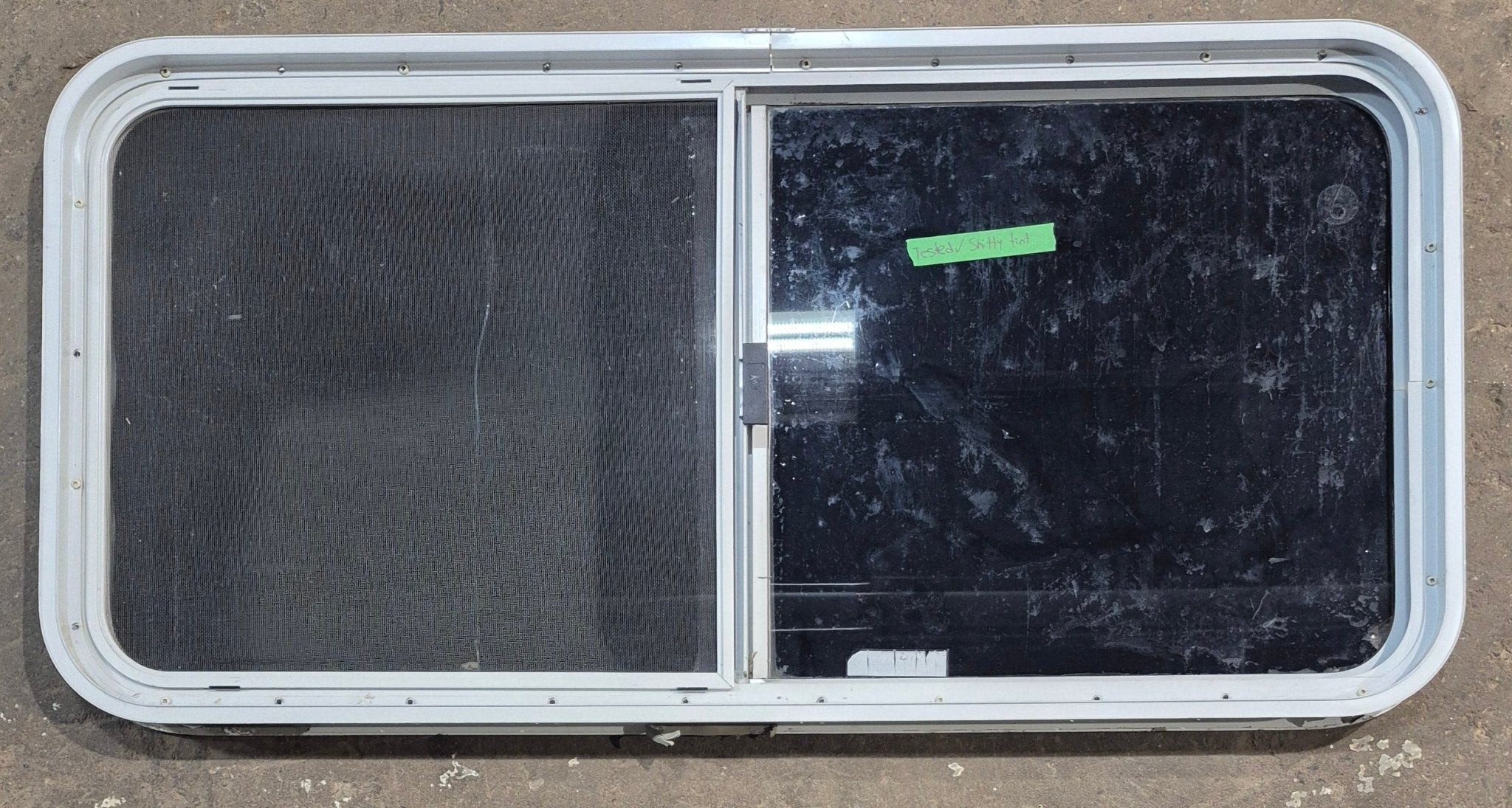Used White Radius Opening Window : 45 1/2" W x 21 1/2" H x 1 7/8" D - Young Farts RV Parts