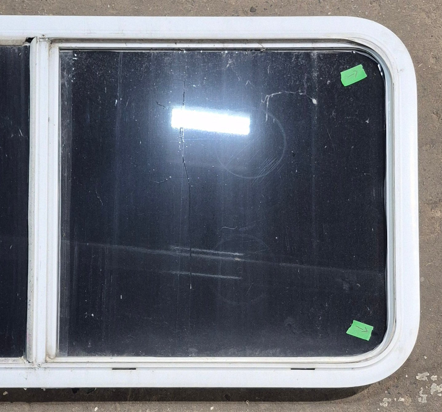 Used White Radius Opening Window : 45 1/2" W x 21 1/2" H x 1 7/8" D - Young Farts RV Parts