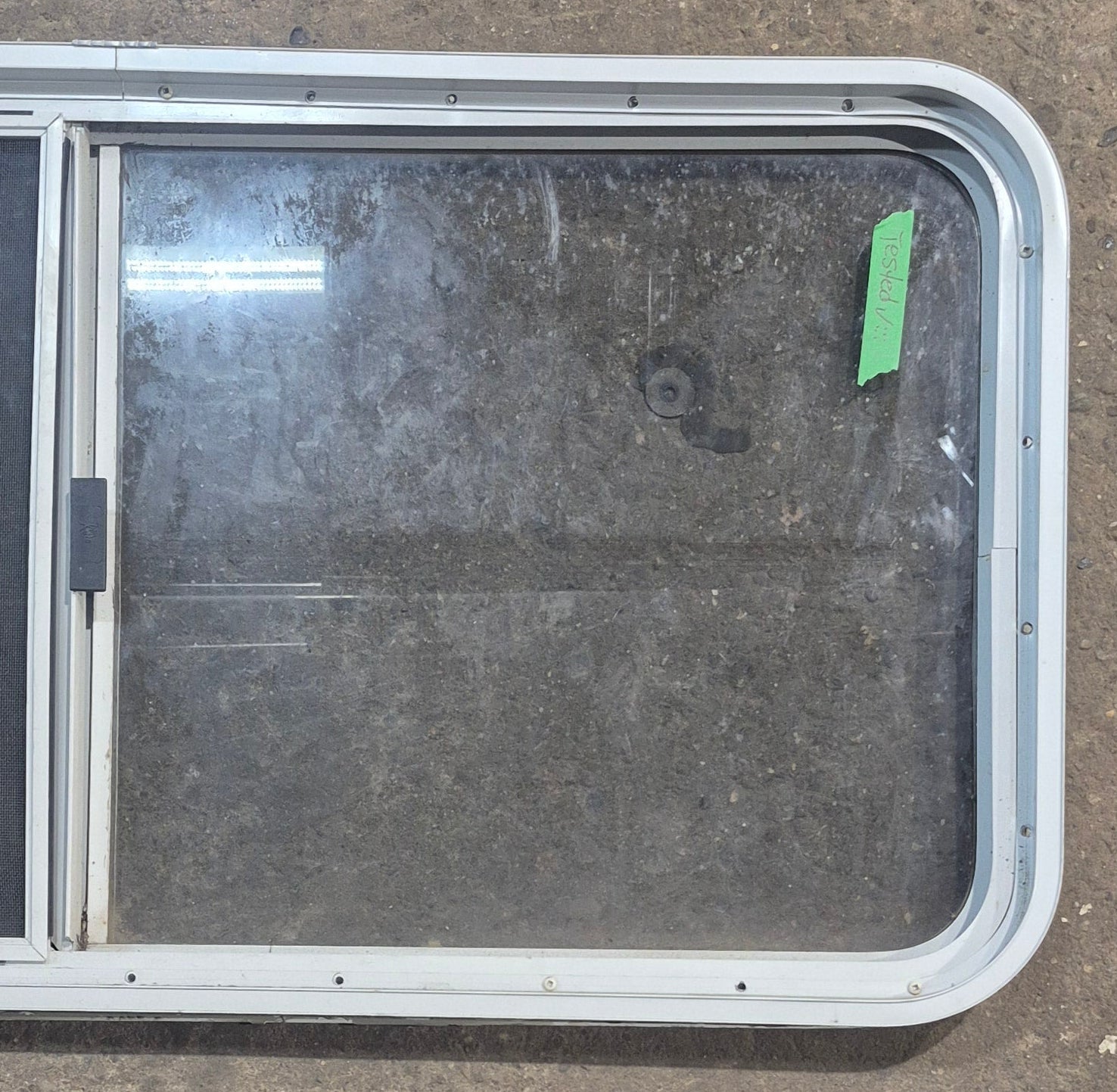 Used White Radius Opening Window : 45 1/2" W x 21 1/4" H x 1 3/4" D - Young Farts RV Parts