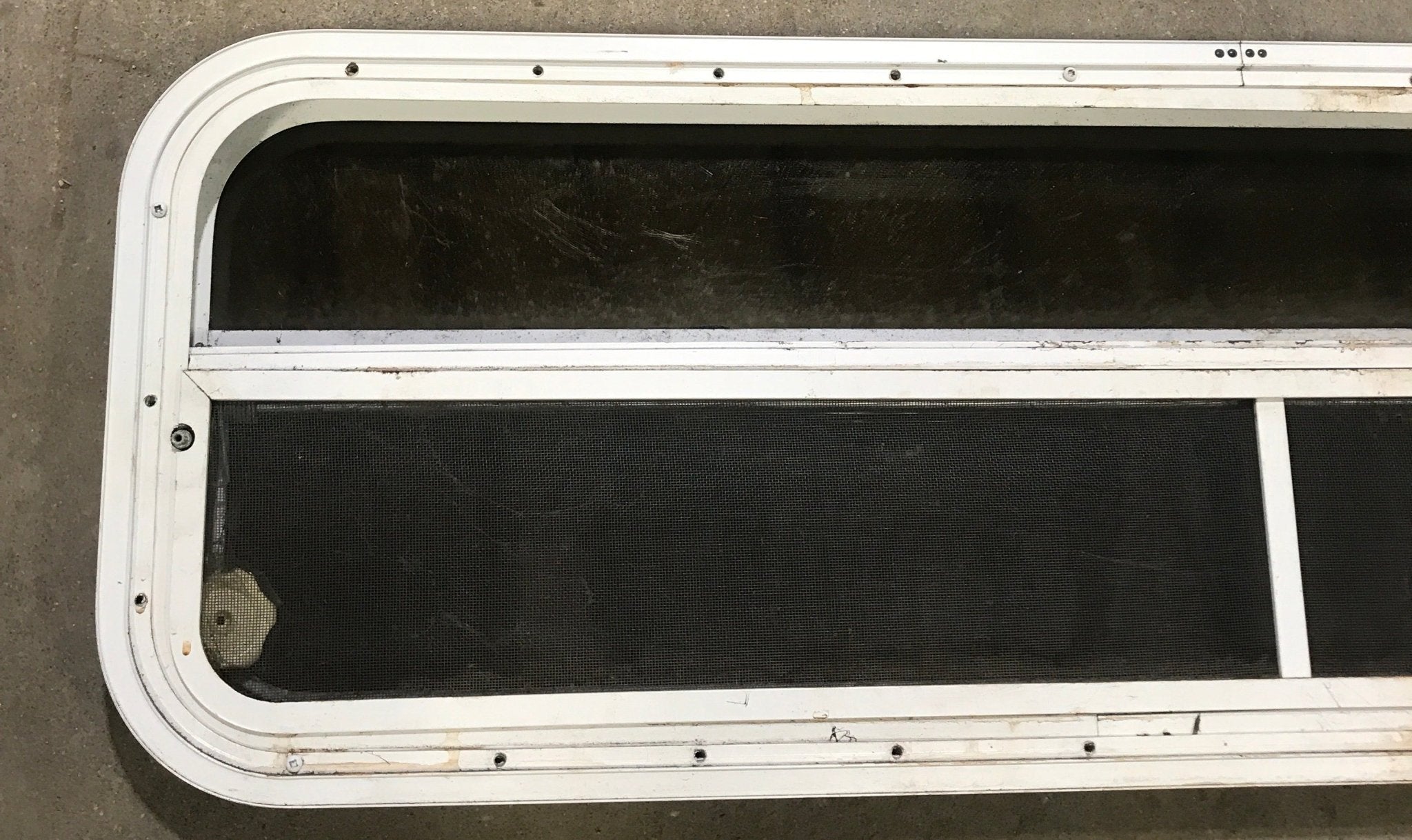 Used White Radius Opening Window : 47 1/2" W x 14 1/2" H x 1 7/8" D - Young Farts RV Parts