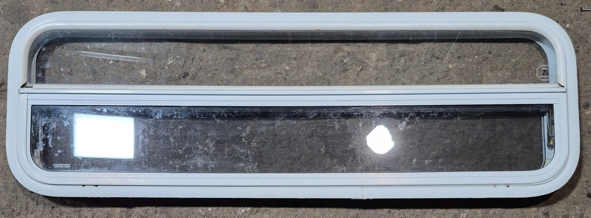 Used White Radius Opening Window : 47 1/2" W x 14 1/4" H x 1 1/4" D - Young Farts RV Parts