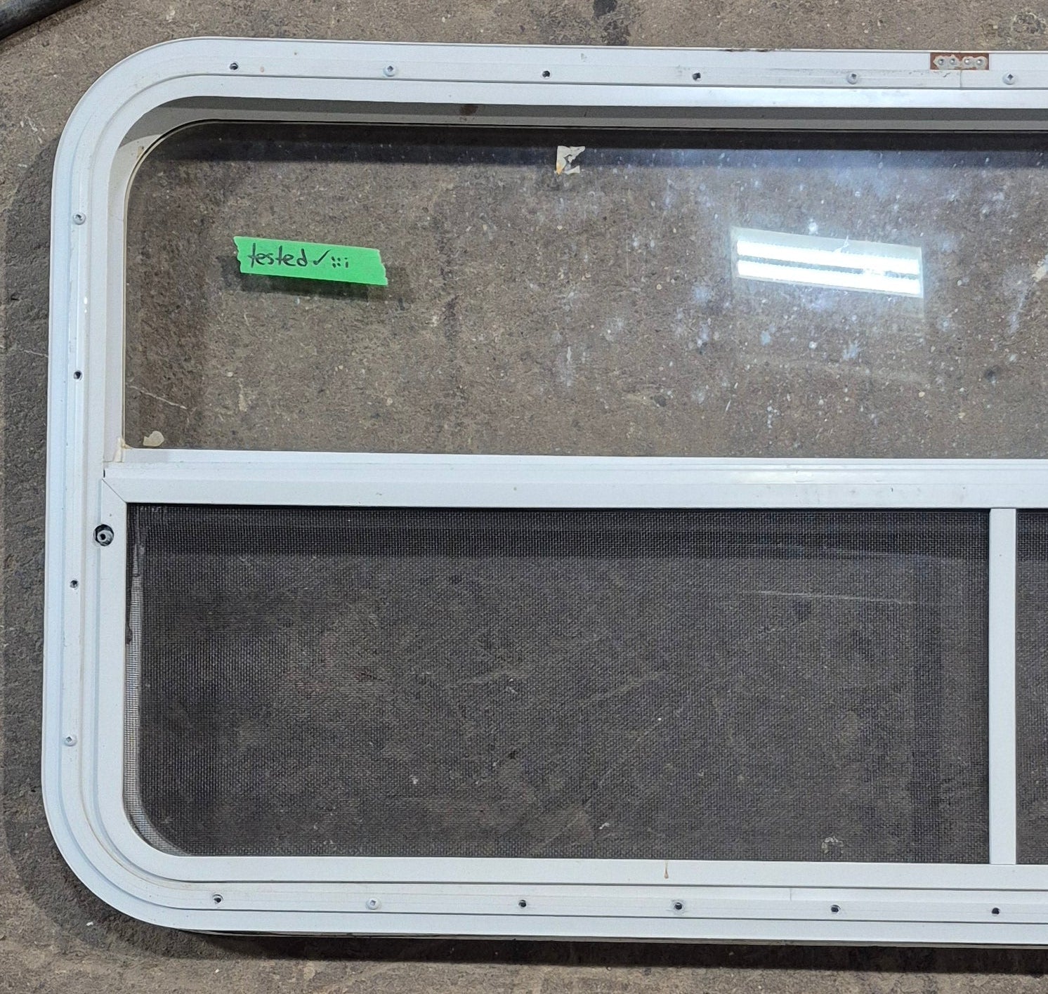Used White Radius Opening Window : 47 1/2" W x 21 1/2" H x 1 1/2" D - Young Farts RV Parts