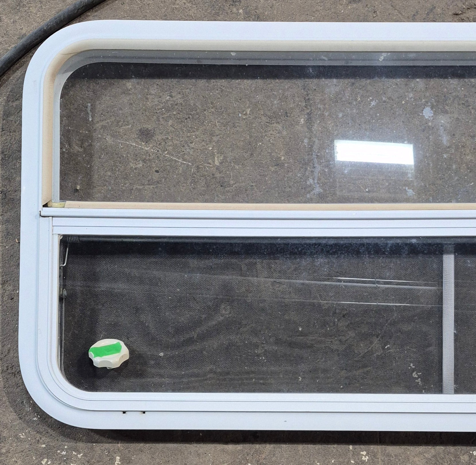 Used White Radius Opening Window : 47 1/2" W x 21 1/2" H x 1 1/2" D - Young Farts RV Parts