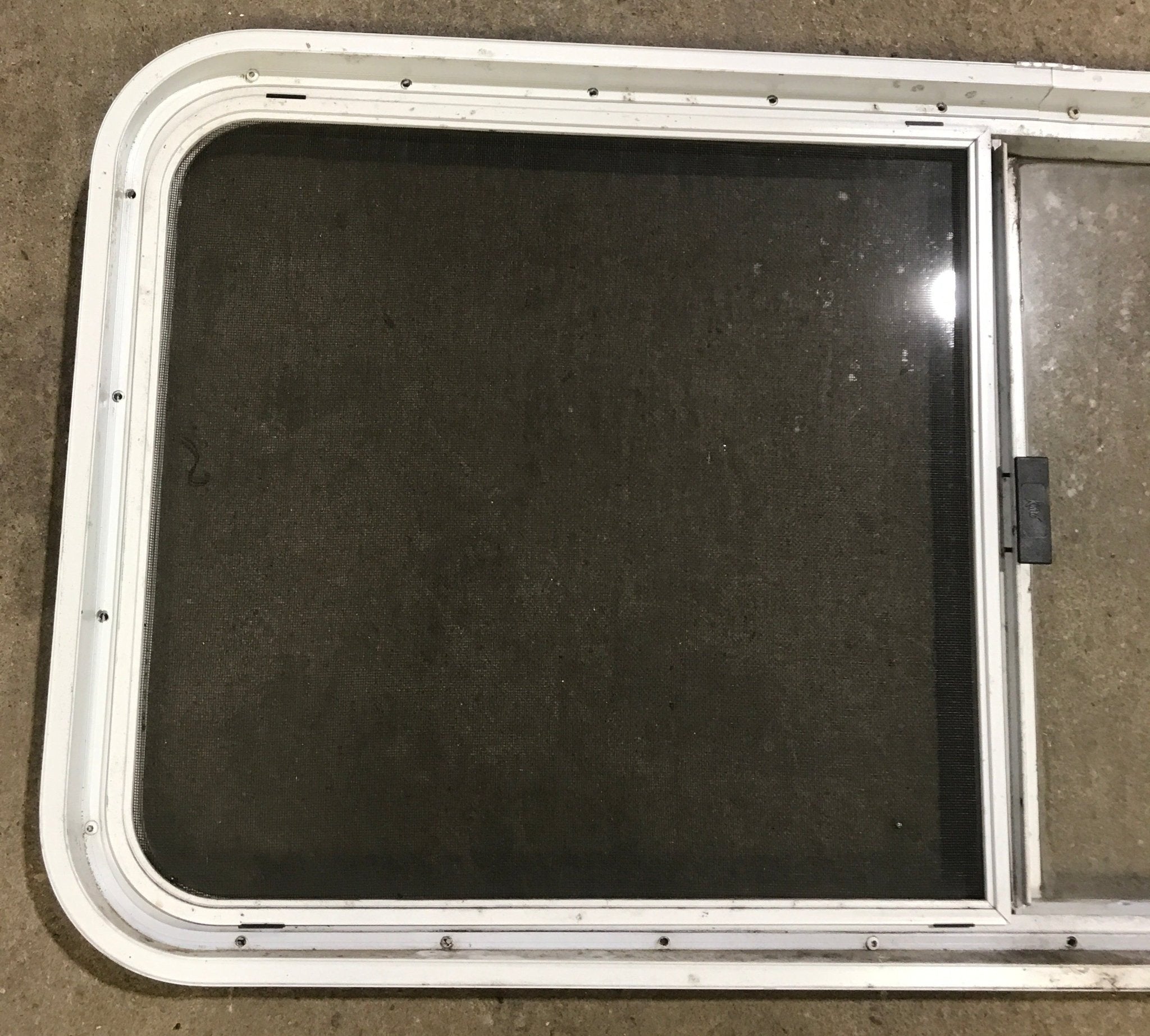 Used White Radius Opening Window : 47 1/2" W x 21 1/2" H x 1 7/8" D - Young Farts RV Parts