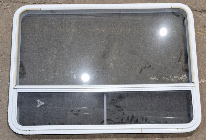 Used White Radius Opening Window : 47 1/4" W x 34 1/4" H x 1 3/4" D - Young Farts RV Parts